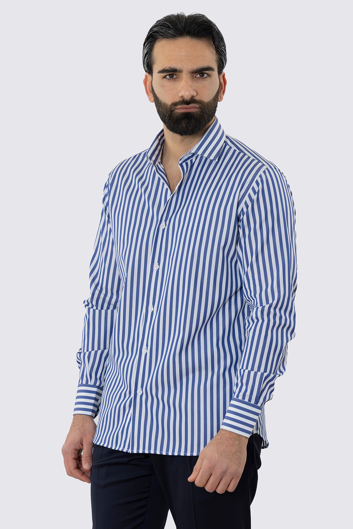 CAMICIA  BIANCA RIGA LARGA BLU REGULAR FIT 100% COTONE COLLO SEMI FRANCESE POLSO SMUSSATO MILETA TESSUTI
