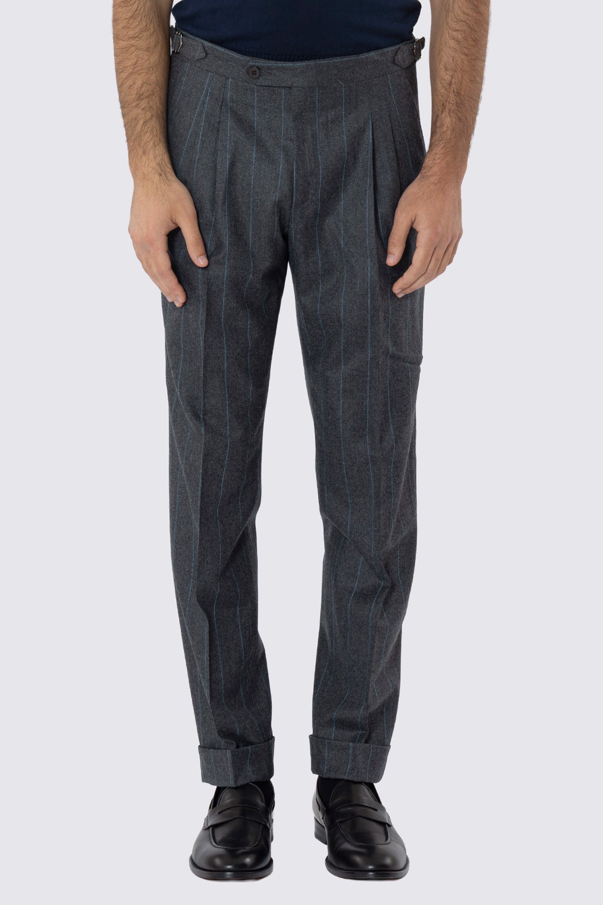 Pantalone grigio gessato celeste vita alta uomo in lana 100% Vitale Barberis Canonico fibbie laterali