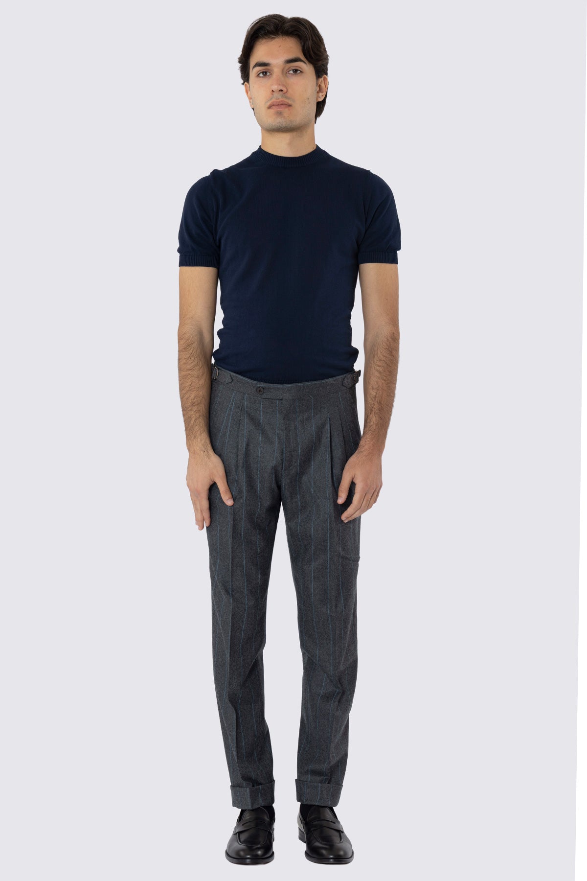 Pantalone grigio gessato celeste vita alta uomo in lana 100% Vitale Barberis Canonico fibbie laterali