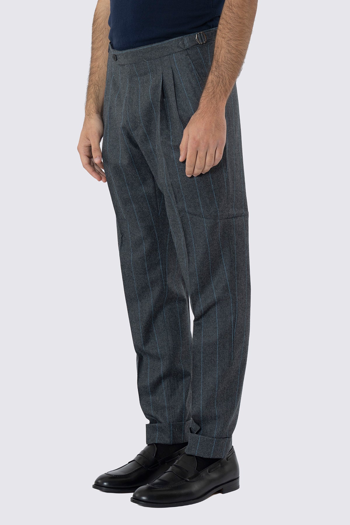 Pantalone grigio gessato celeste vita alta uomo in lana 100% Vitale Barberis Canonico fibbie laterali