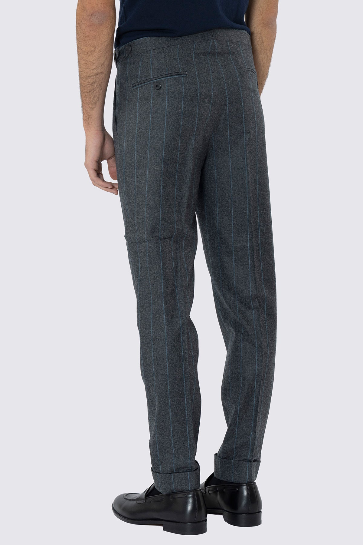 Pantalone grigio gessato celeste vita alta uomo in lana 100% Vitale Barberis Canonico fibbie laterali