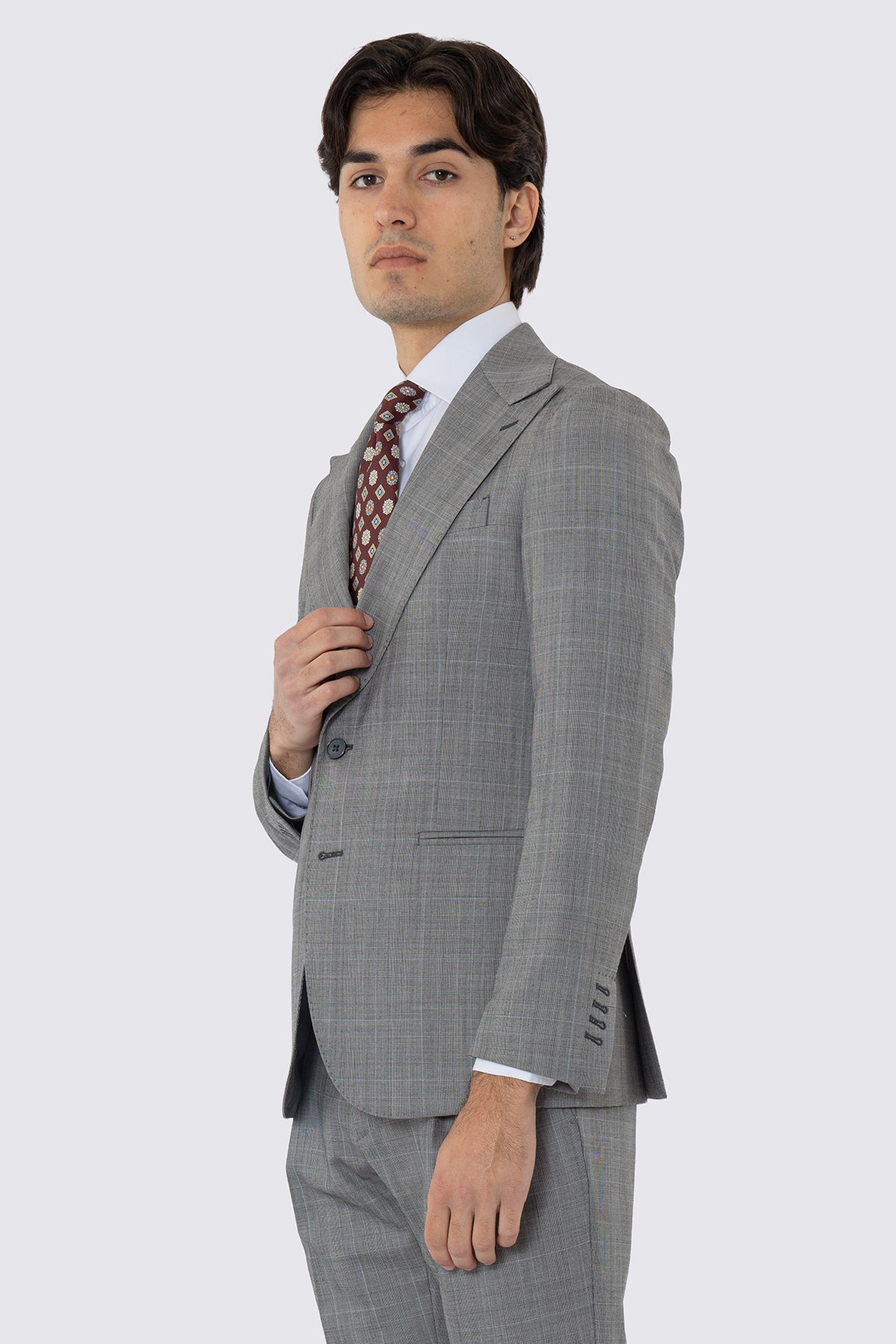 Giacca uomo monopetto grigia fantasia principe di galles in fresco lana 120's Holland & Sherry rever largo a lancia