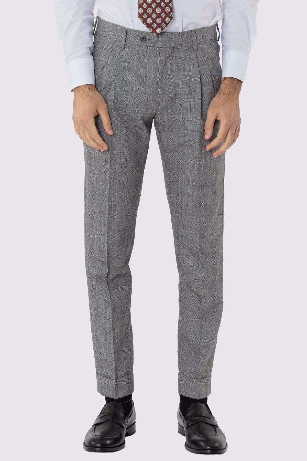 Pantalone uomo grigio fantasia principe di galles in fresco lana 120's vita alta con 2 pinces e risvolto 5cm.