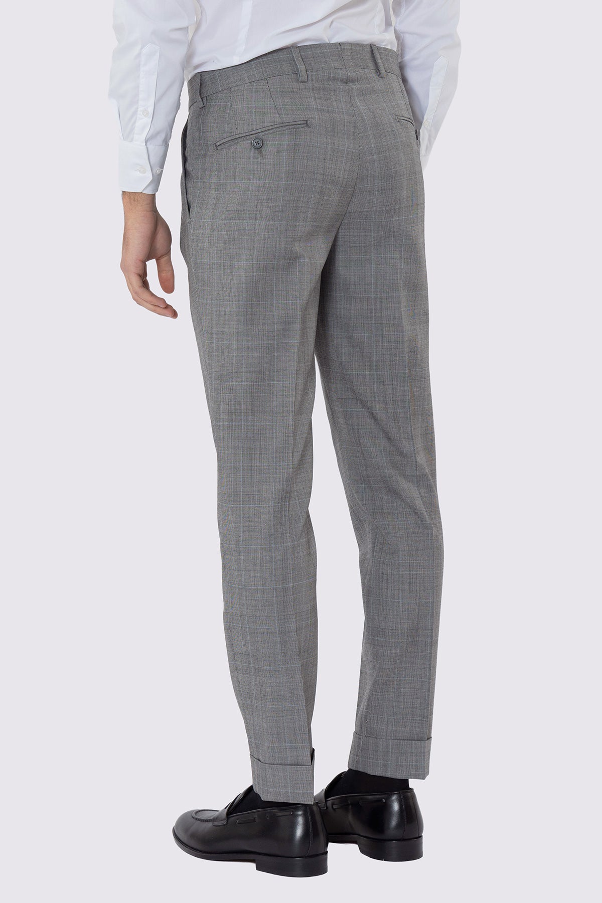 Pantalone uomo grigio fantasia principe di galles in fresco lana 120's vita alta con 2 pinces e risvolto 5cm.