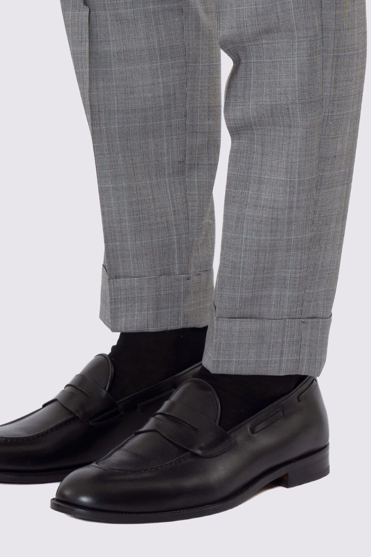 Pantalone uomo grigio fantasia principe di galles in fresco lana 120's vita alta con 2 pinces e risvolto 5cm.