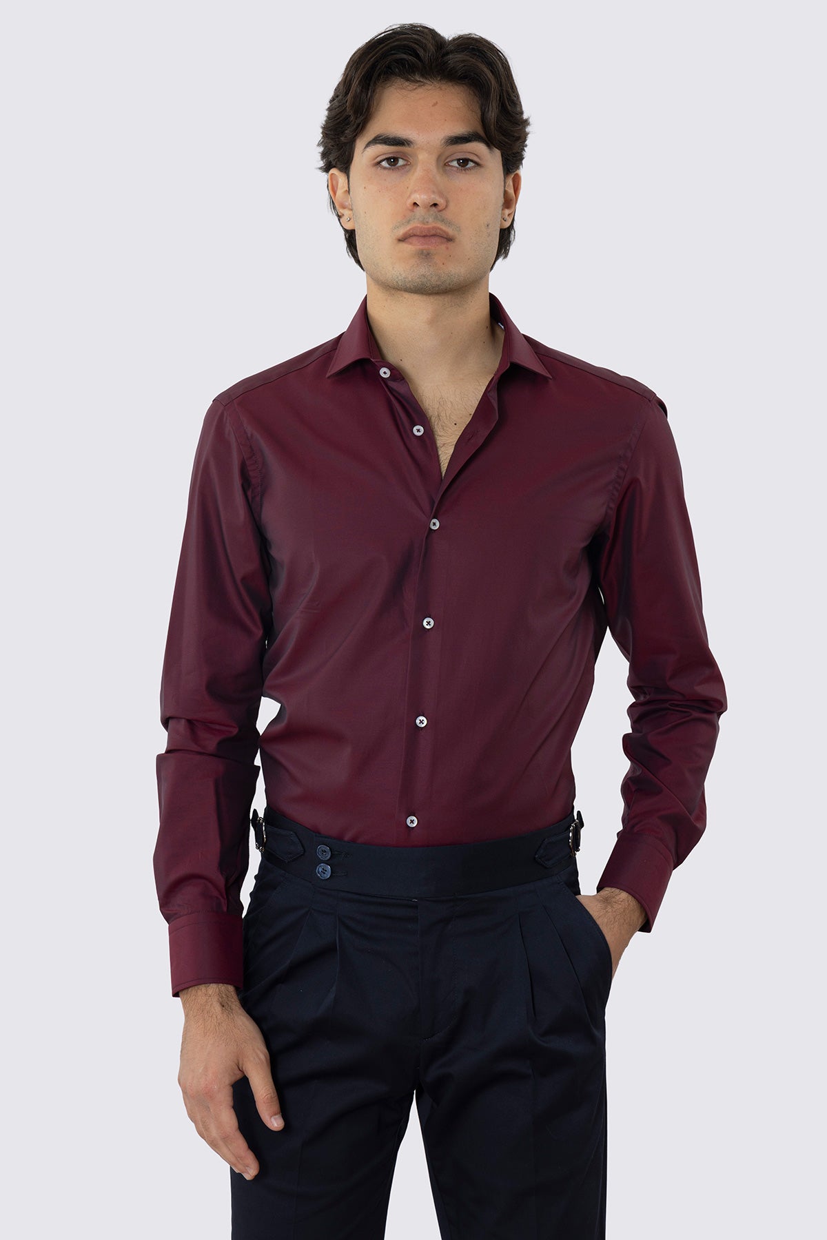Camicia Uomo slim fit bordeaux blu 100% cotone Tinta unita collo semi francese mileta Tessuti no iron