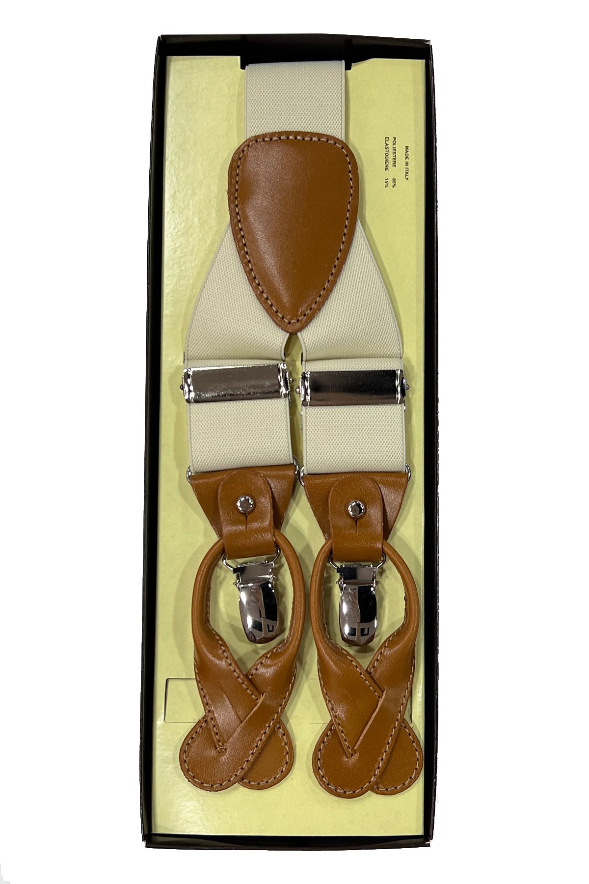 Bretelle da uomo panna elasticizzate 3,5 cm regolabili con chiusura pinze argento e chifferi color cuoio