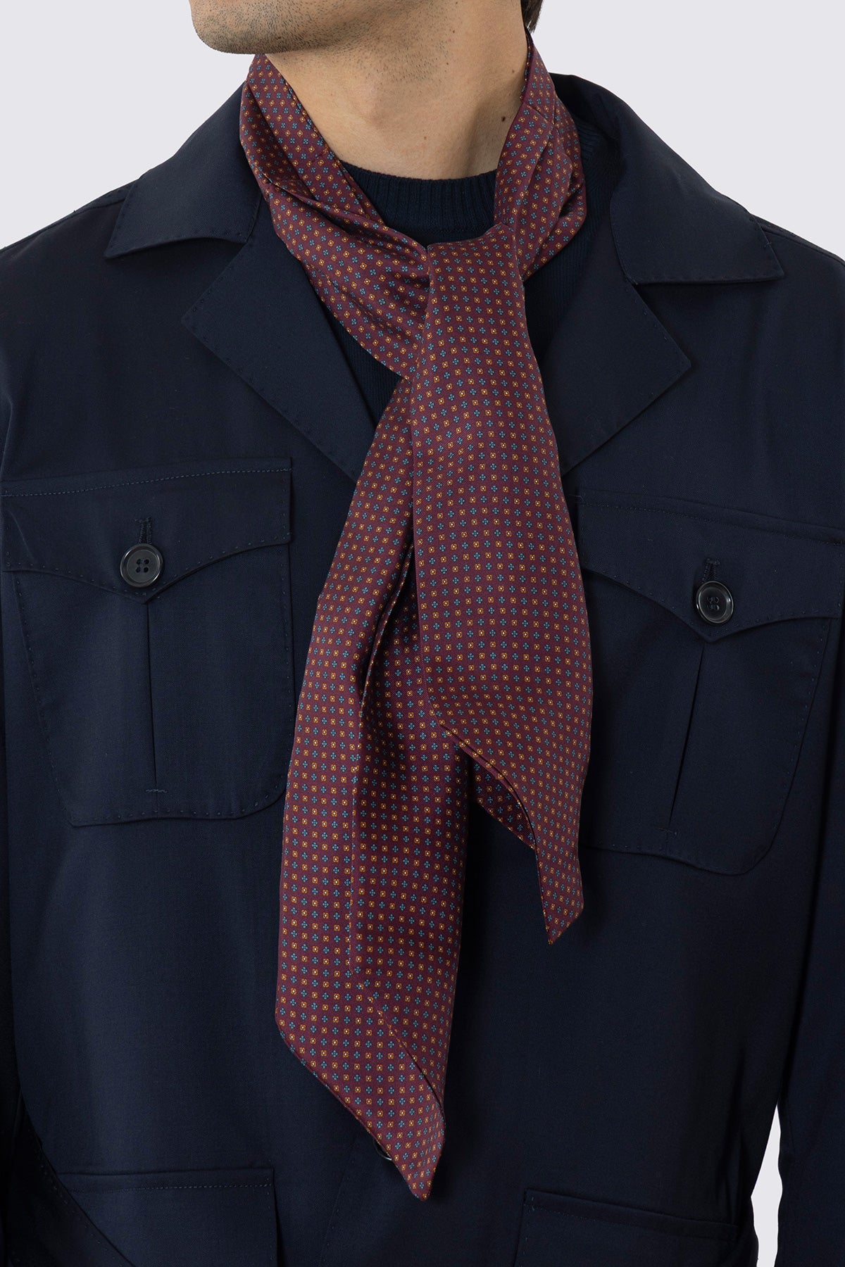 Ascot da uomo Bordeaux fantasia fiori multicolor in pura  seta fatto a mano