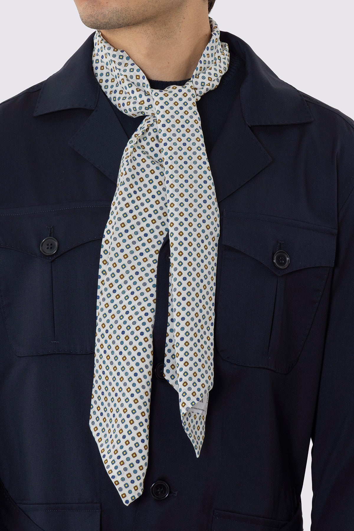 Ascot da uomo panna fantasia fiori multicolor in pura seta fatto a mano
