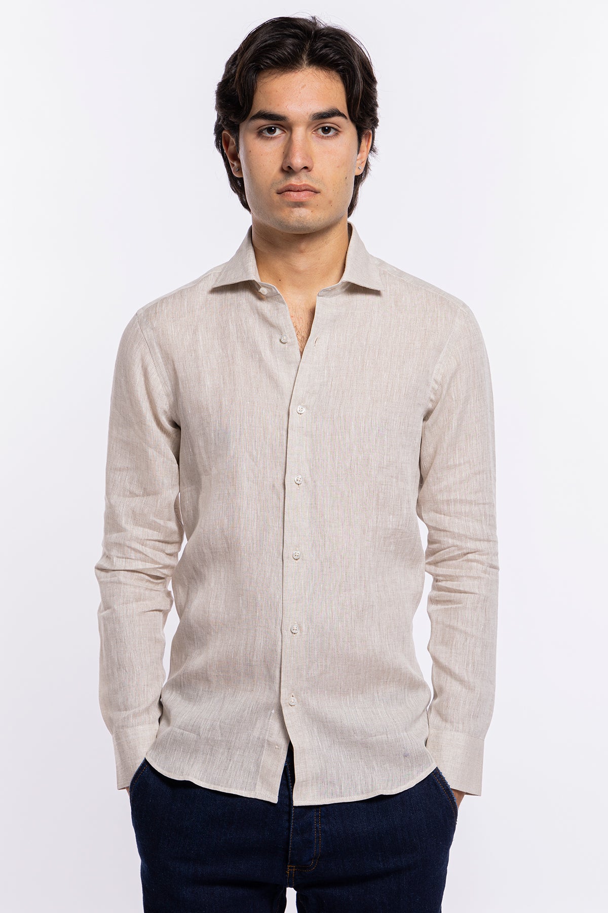 Camicia Uomo beige in Lino 100% made in italy collo semi francese morbido slim fit