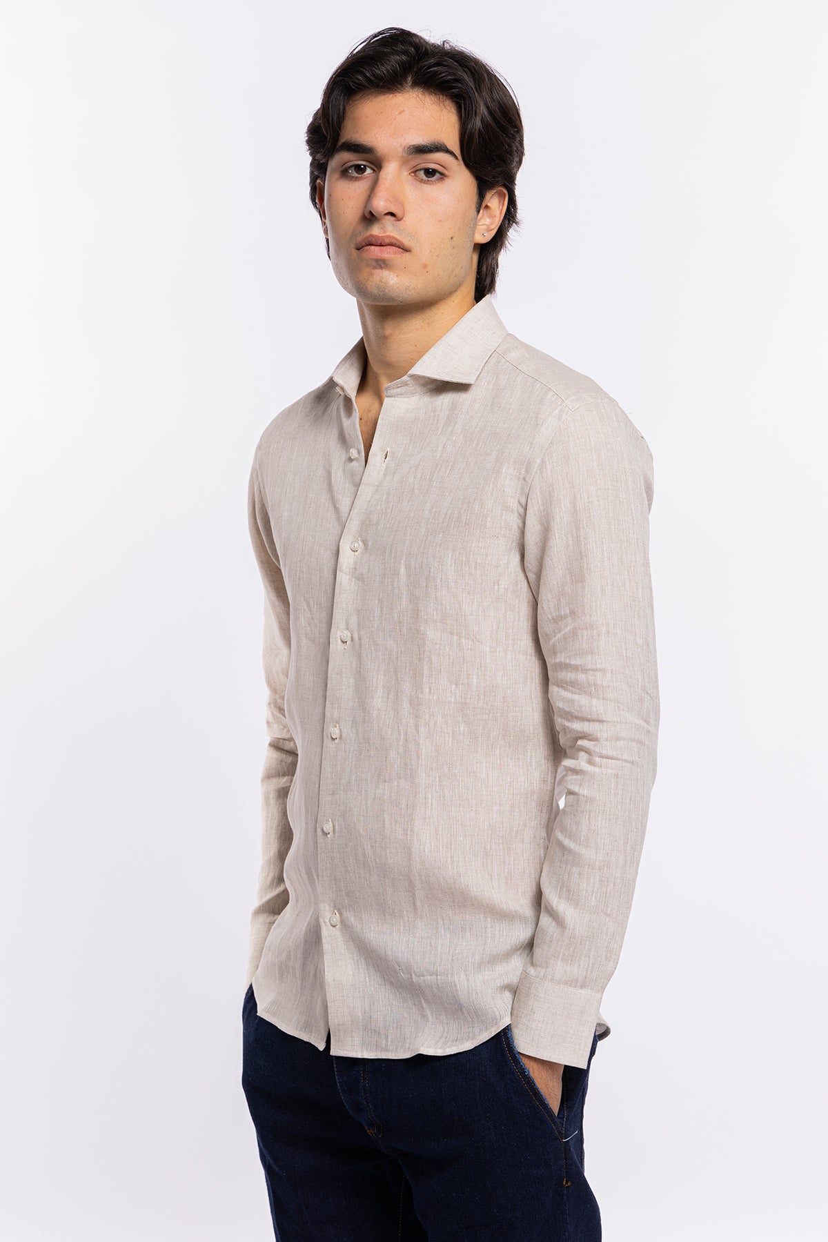 Camicia Uomo beige in Lino 100% made in italy collo semi francese morbido slim fit