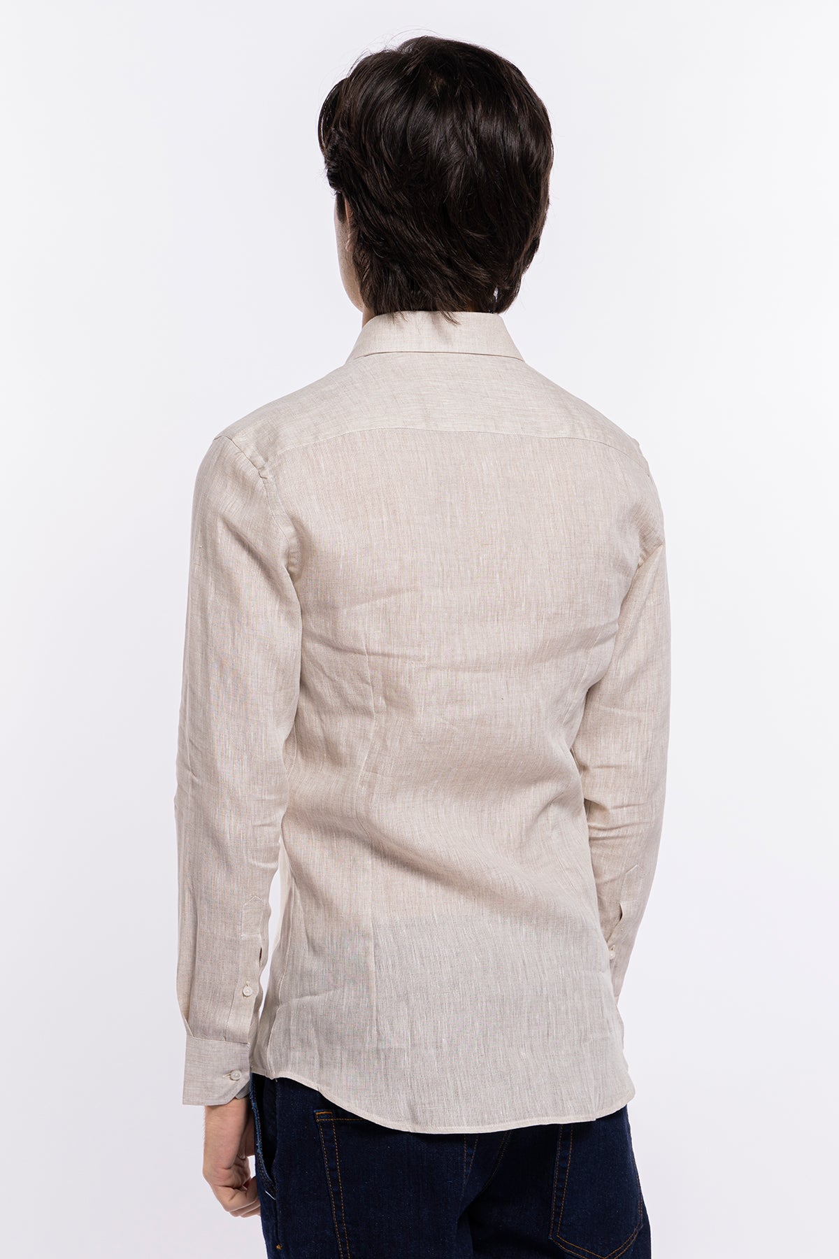 Camicia Uomo beige in Lino 100% made in italy collo semi francese morbido slim fit