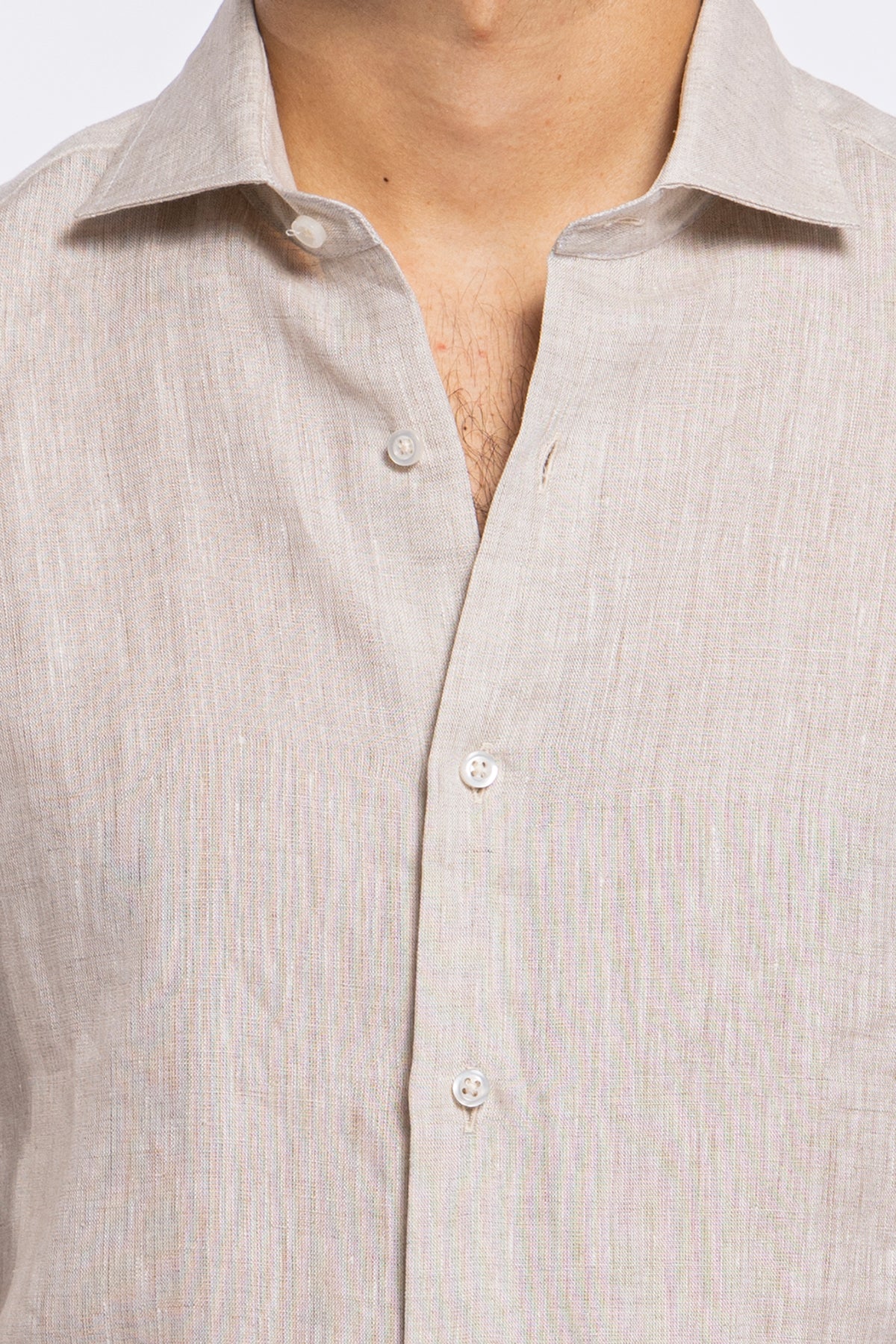 Camicia Uomo beige in Lino 100% made in italy collo semi francese morbido slim fit