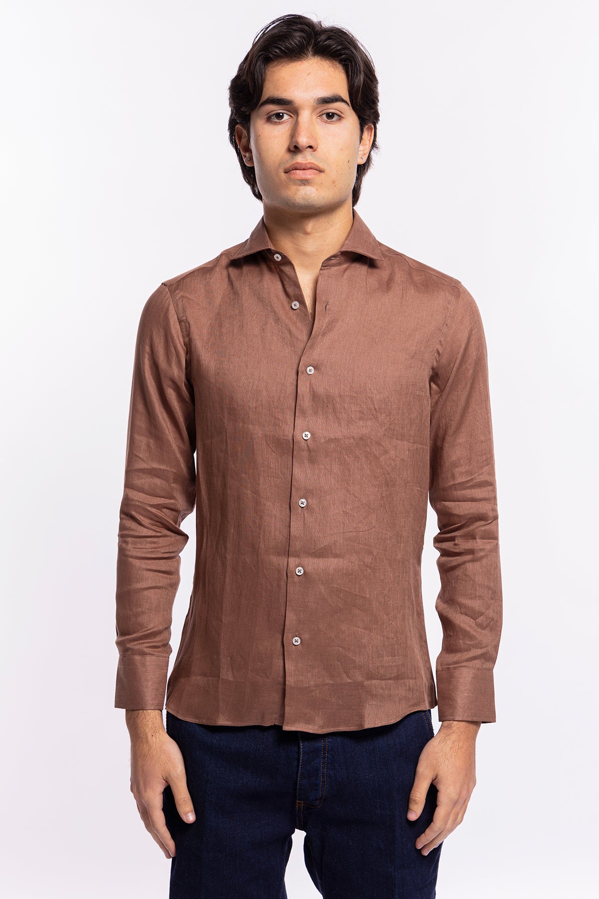 Camicia Uomo Marrone in Lino 100% made in italy collo semi francese morbido slim fit