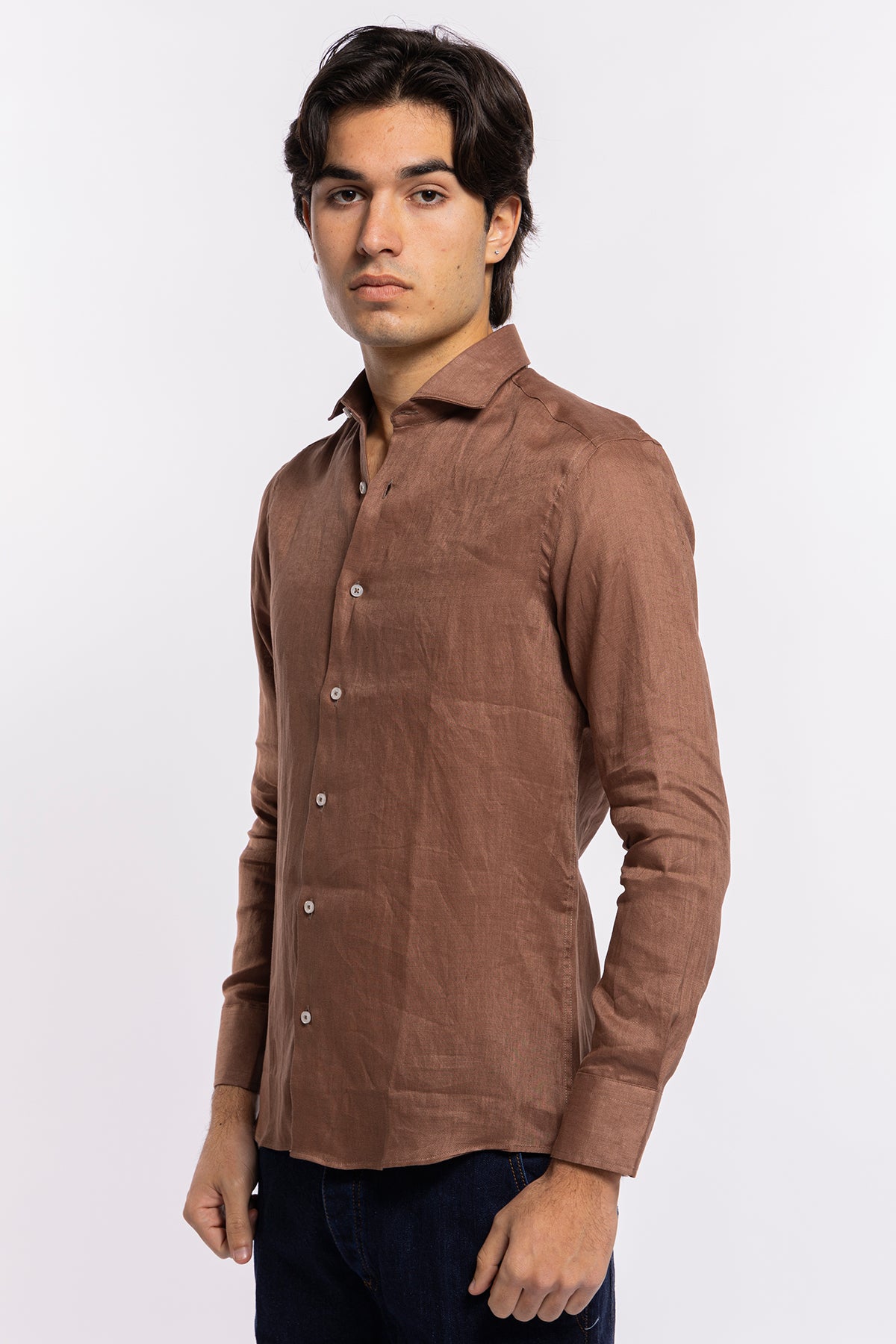 Camicia Uomo Marrone in Lino 100% made in italy collo semi francese morbido slim fit