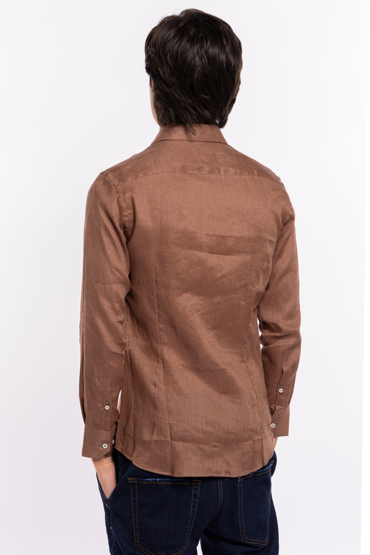 Camicia Uomo Marrone in Lino 100% made in italy collo semi francese morbido slim fit