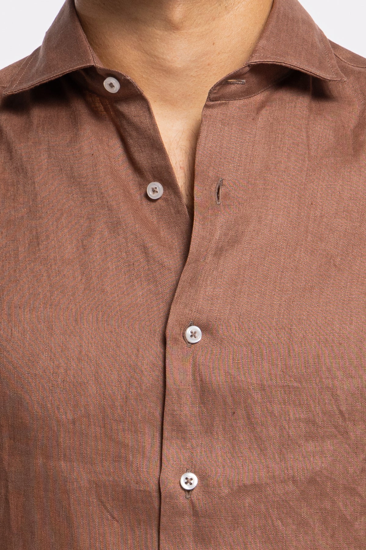 Camicia Uomo Marrone in Lino 100% made in italy collo semi francese morbido slim fit
