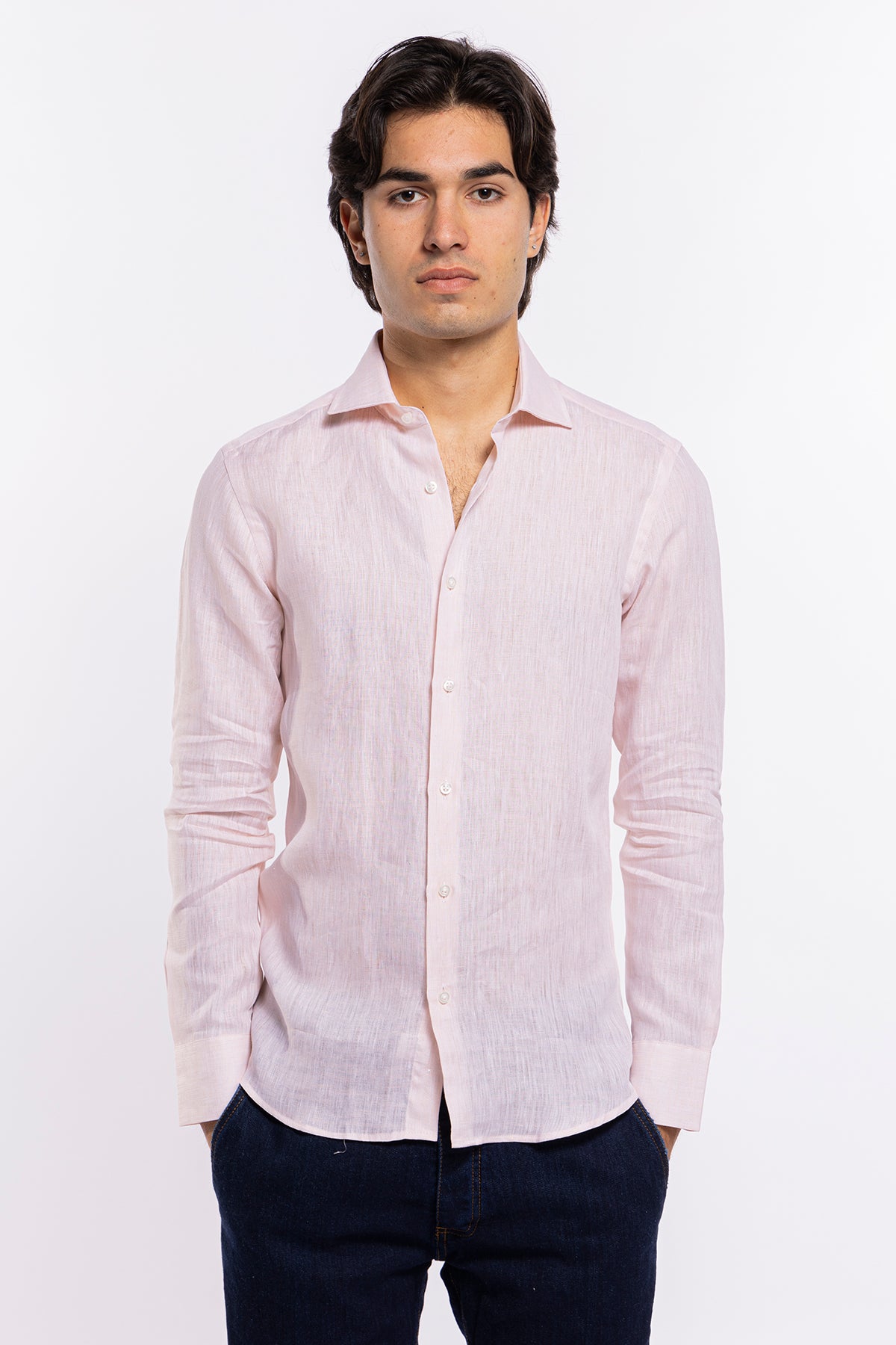 Camicia Uomo Rosa in Lino 100% made in italy collo semi francese morbido slim fit