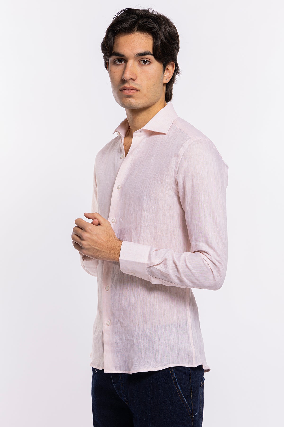Camicia Uomo Rosa in Lino 100% made in italy collo semi francese morbido slim fit