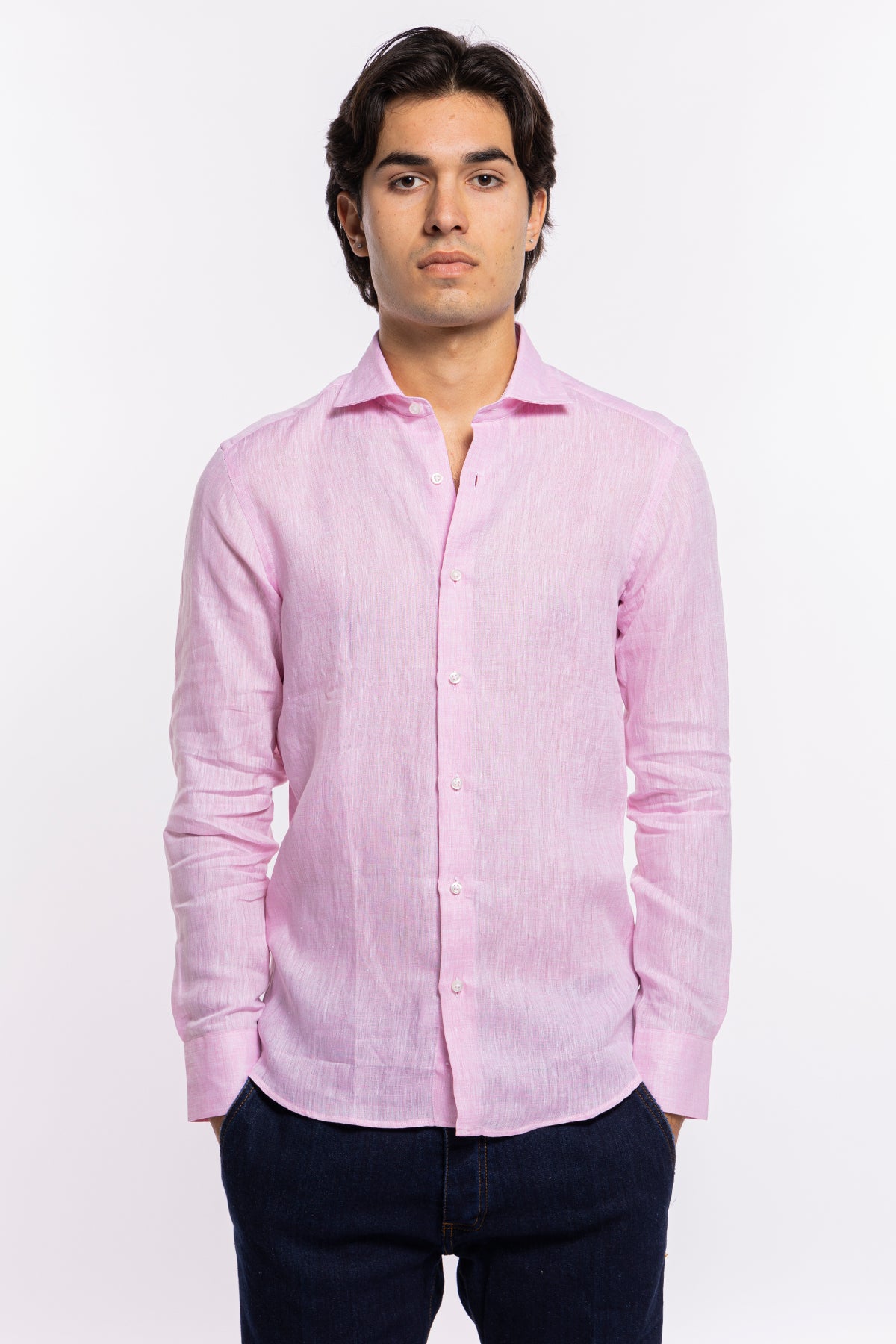 Camicia Uomo Rosa in Lino 100% made in italy collo semi francese morbido slim fit effetto melange