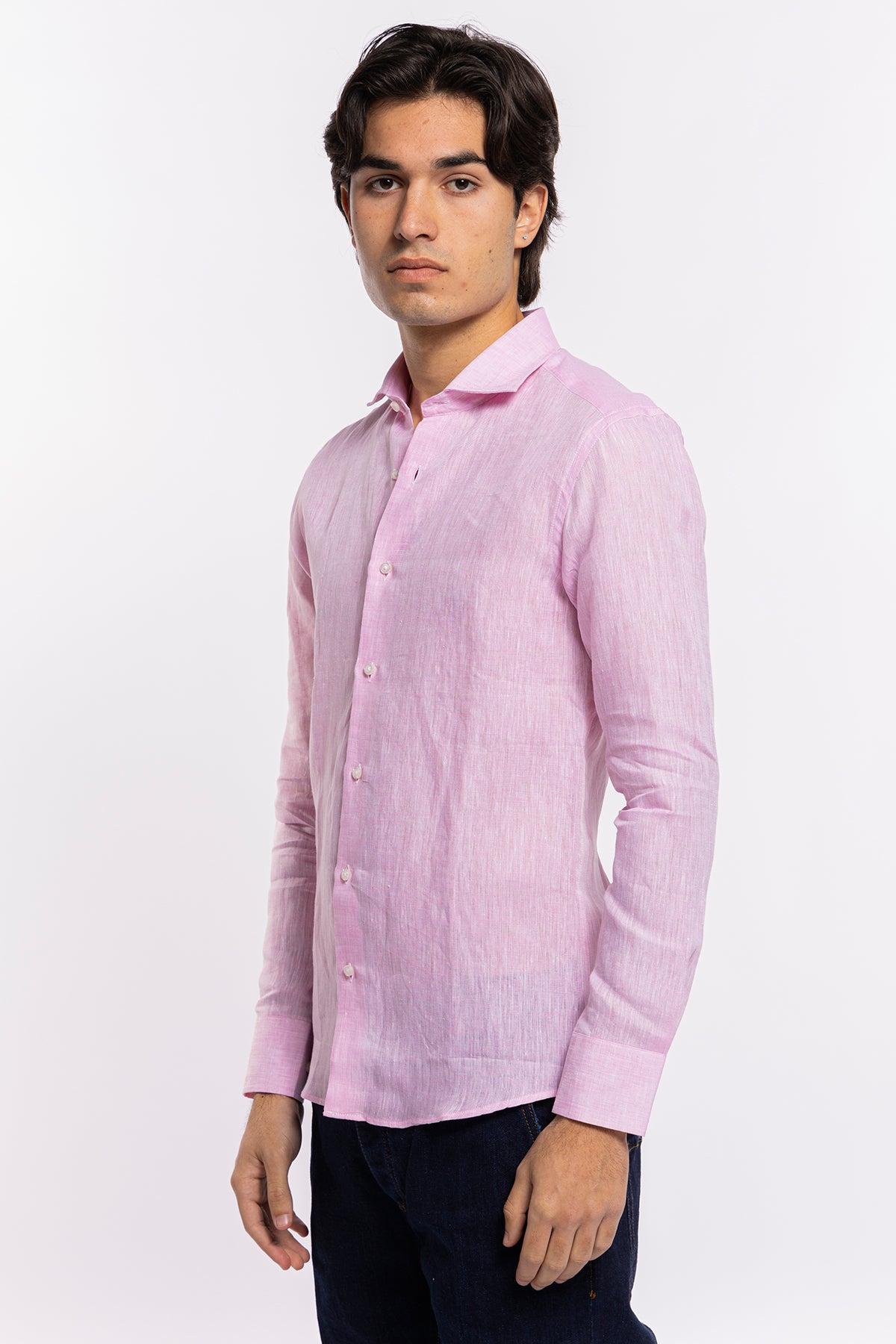 Camicia Uomo Rosa in Lino 100% made in italy collo semi francese morbido slim fit effetto melange