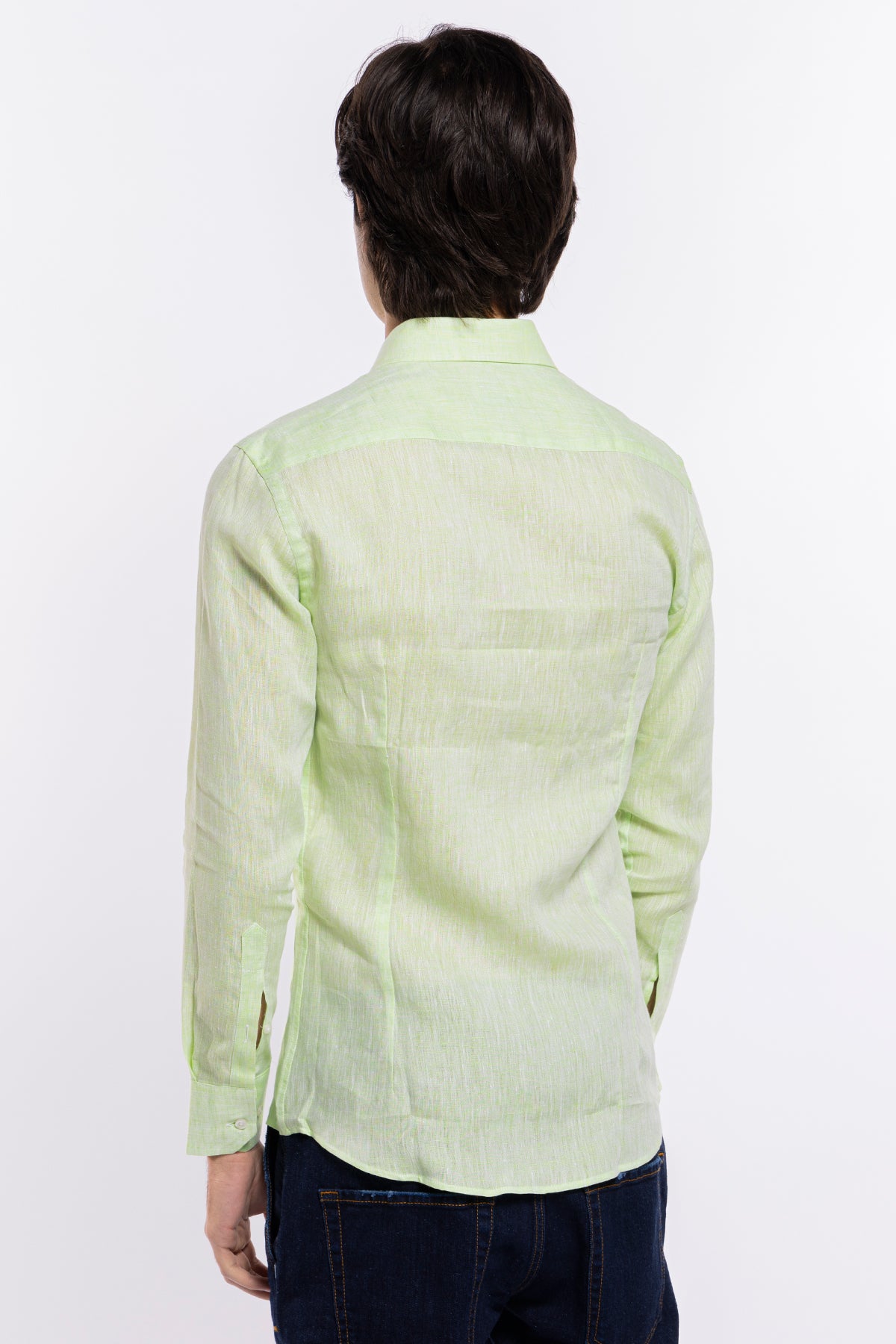 Camicia Uomo verde mela in Lino 100% made in italy collo semi francese morbido slim fit effetto melange