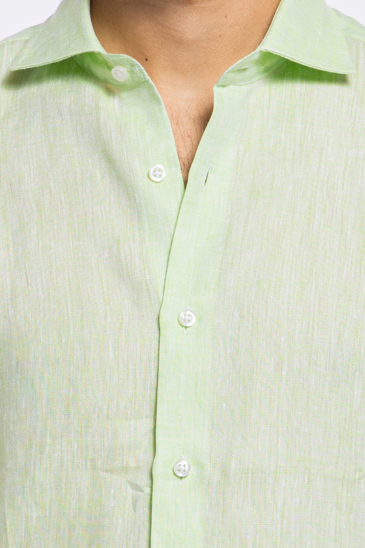 Camicia Uomo verde mela in Lino 100% made in italy collo semi francese morbido slim fit effetto melange