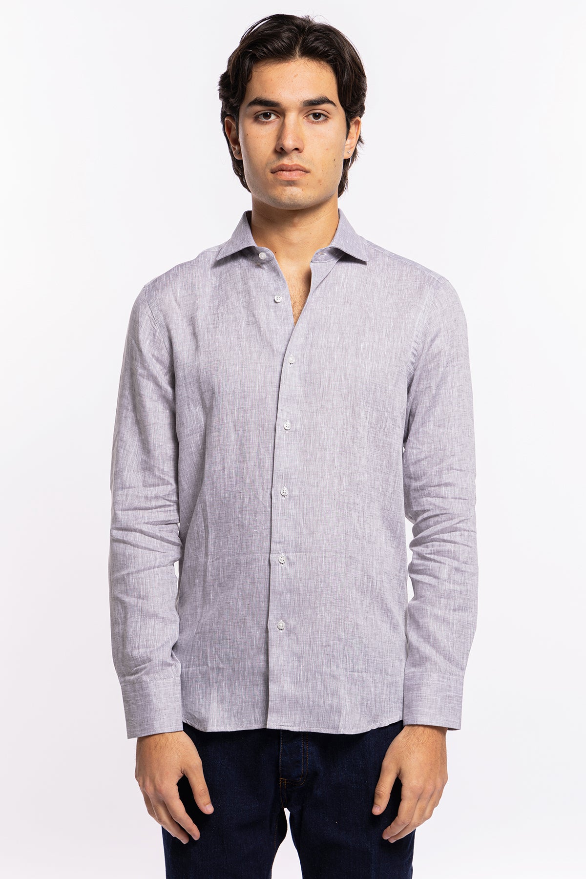 Camicia Uomo grigia in Lino 100% made in italy collo semi francese morbido slim fit effetto melange