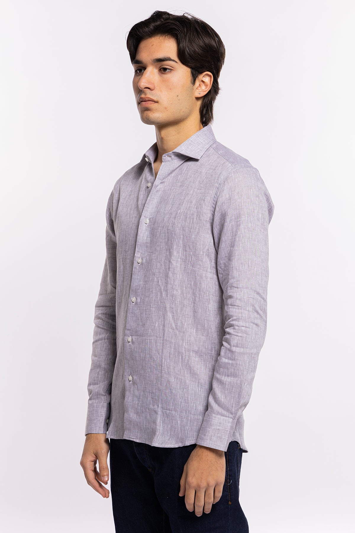Camicia Uomo grigia in Lino 100% made in italy collo semi francese morbido slim fit effetto melange