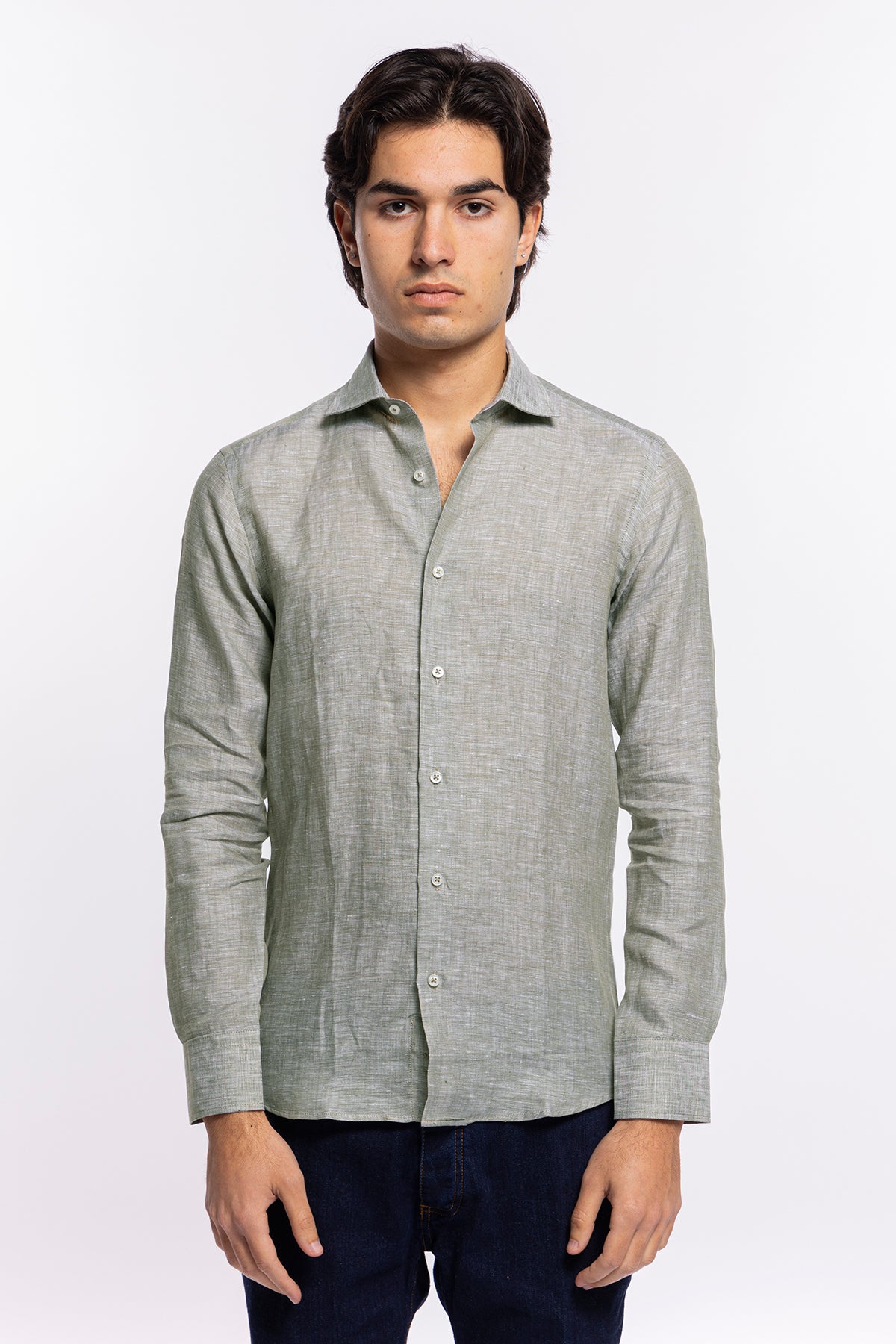 Camicia Uomo verde militare in Lino 100% made in italy collo semi francese morbido slim fit effetto melange