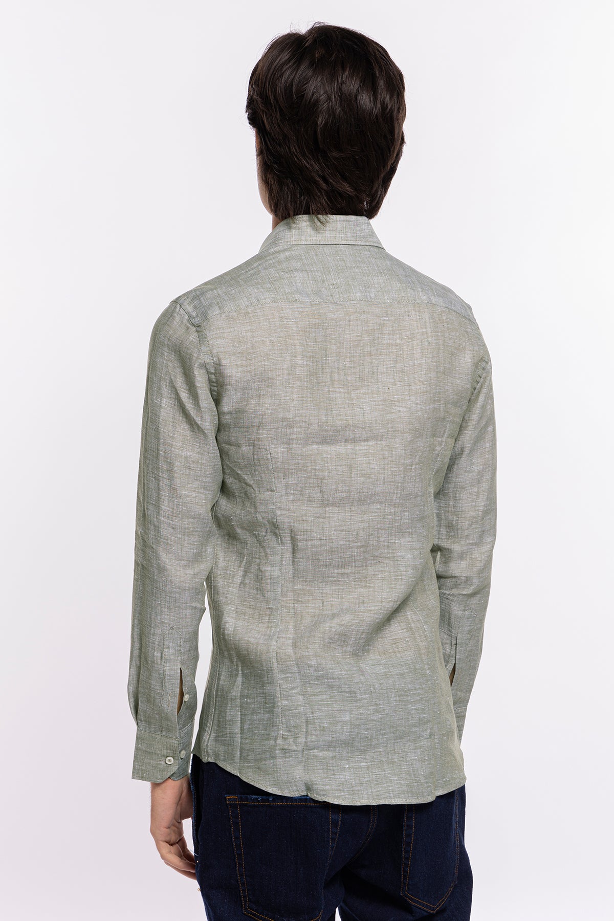 Camicia Uomo verde militare in Lino 100% made in italy collo semi francese morbido slim fit effetto melange