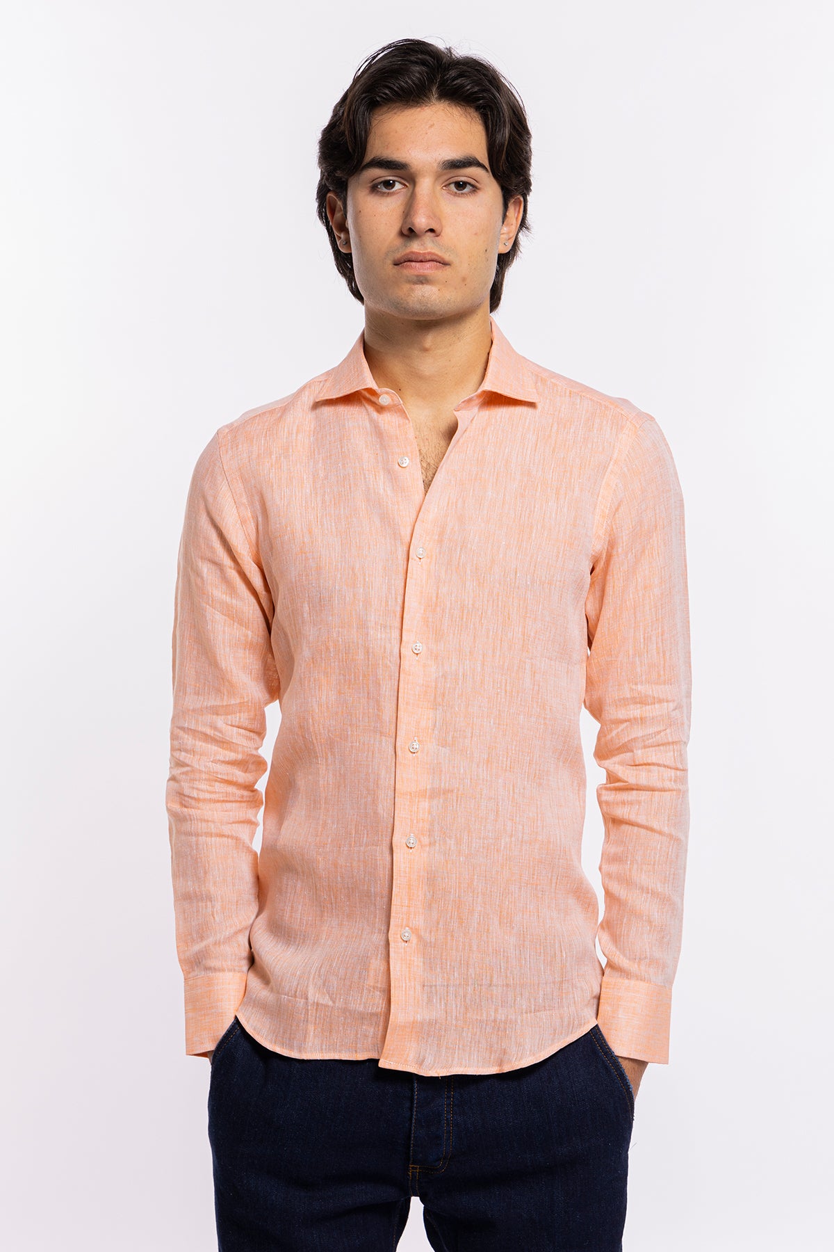 Camicia Uomo Arancio in Lino 100% made in italy collo semi francese morbido slim fit effetto melange
