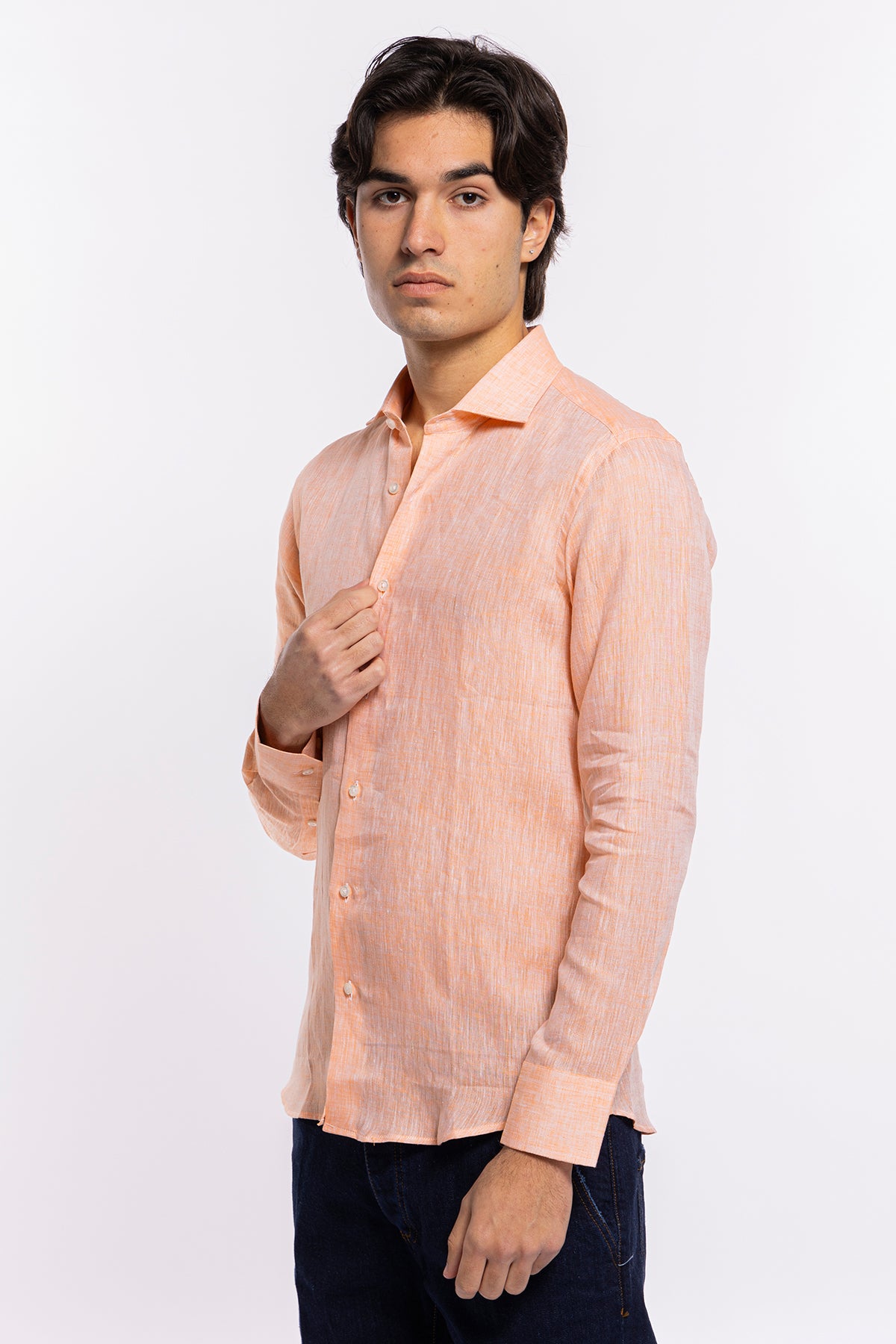 Camicia Uomo Arancio in Lino 100% made in italy collo semi francese morbido slim fit effetto melange