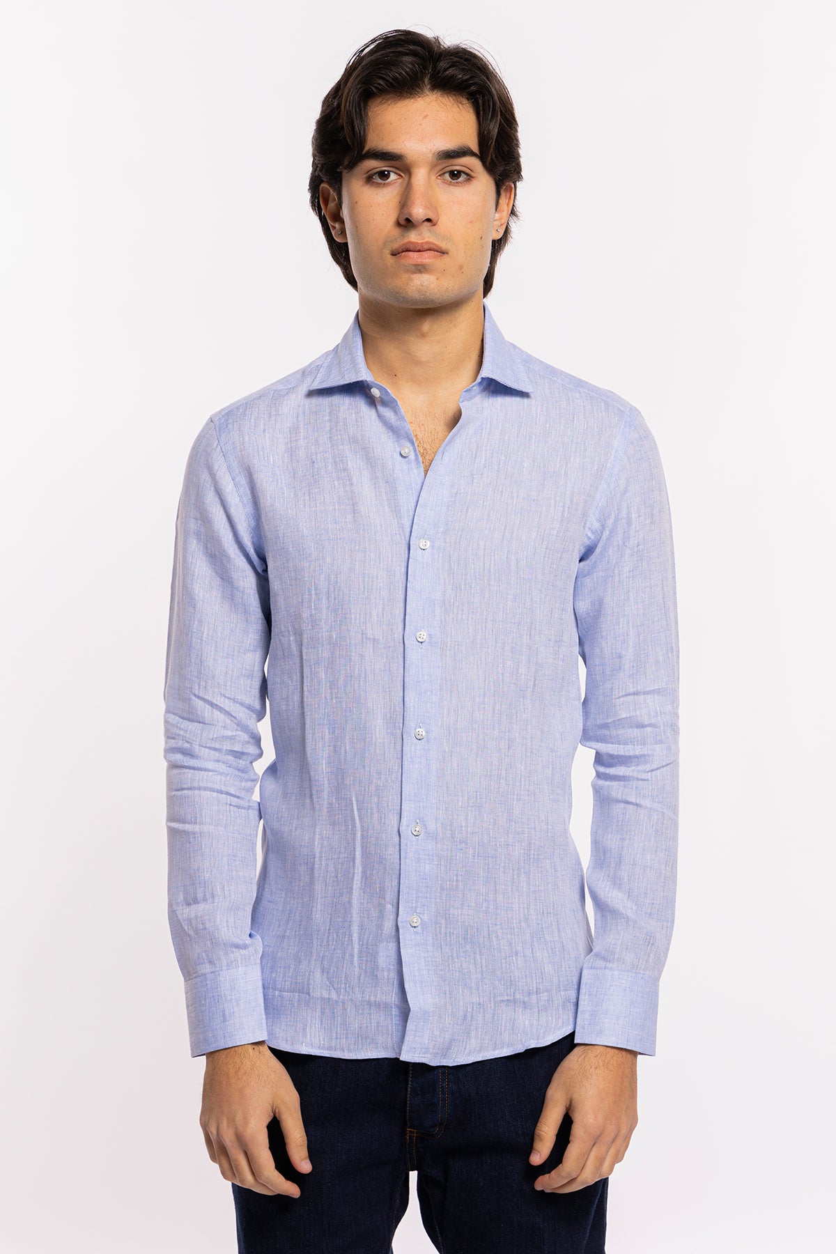 Camicia Uomo Celeste in Lino 100% made in italy collo semi francese morbido slim fit effetto melange