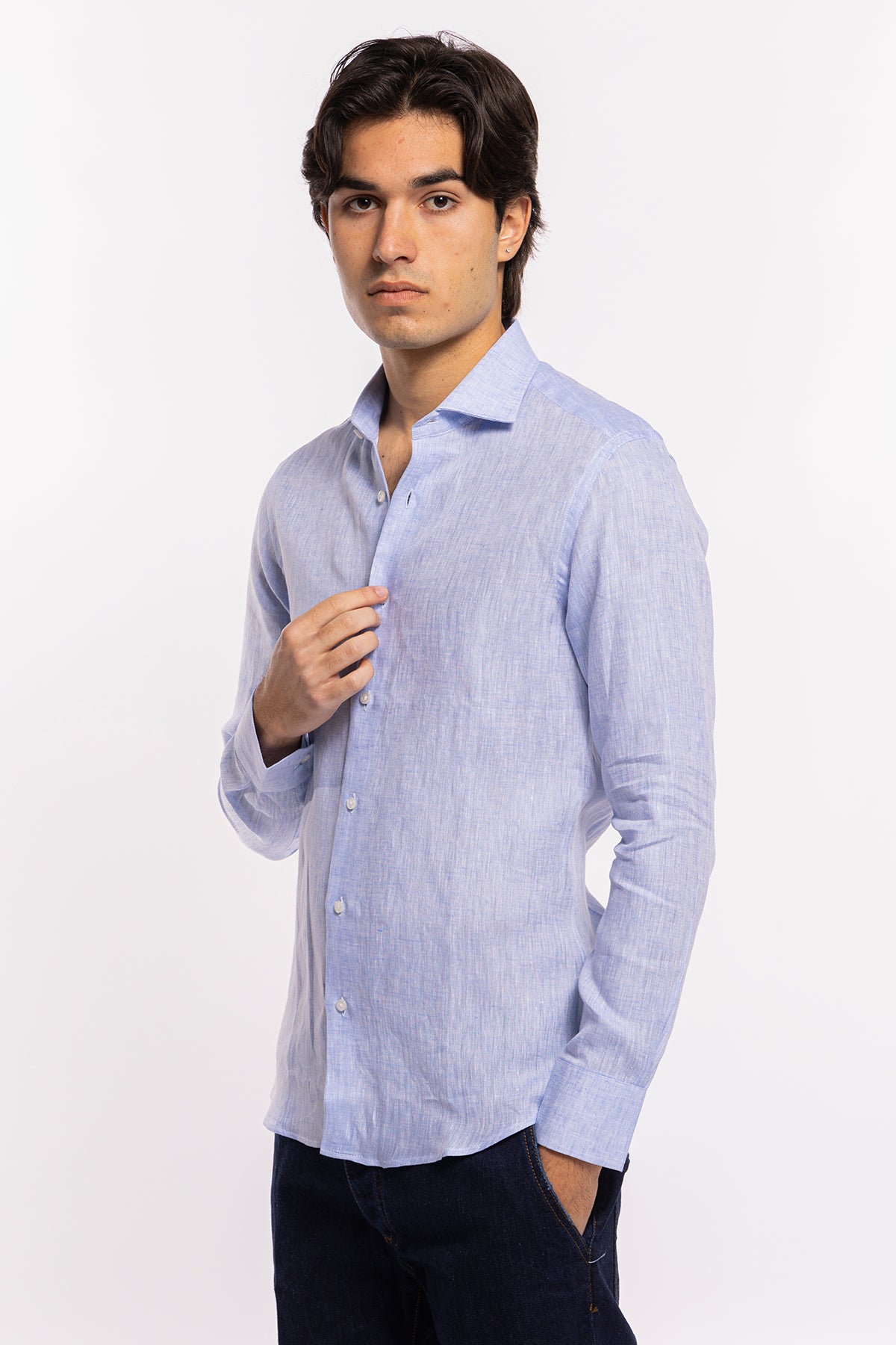 Camicia Uomo Celeste in Lino 100% made in italy collo semi francese morbido slim fit effetto melange