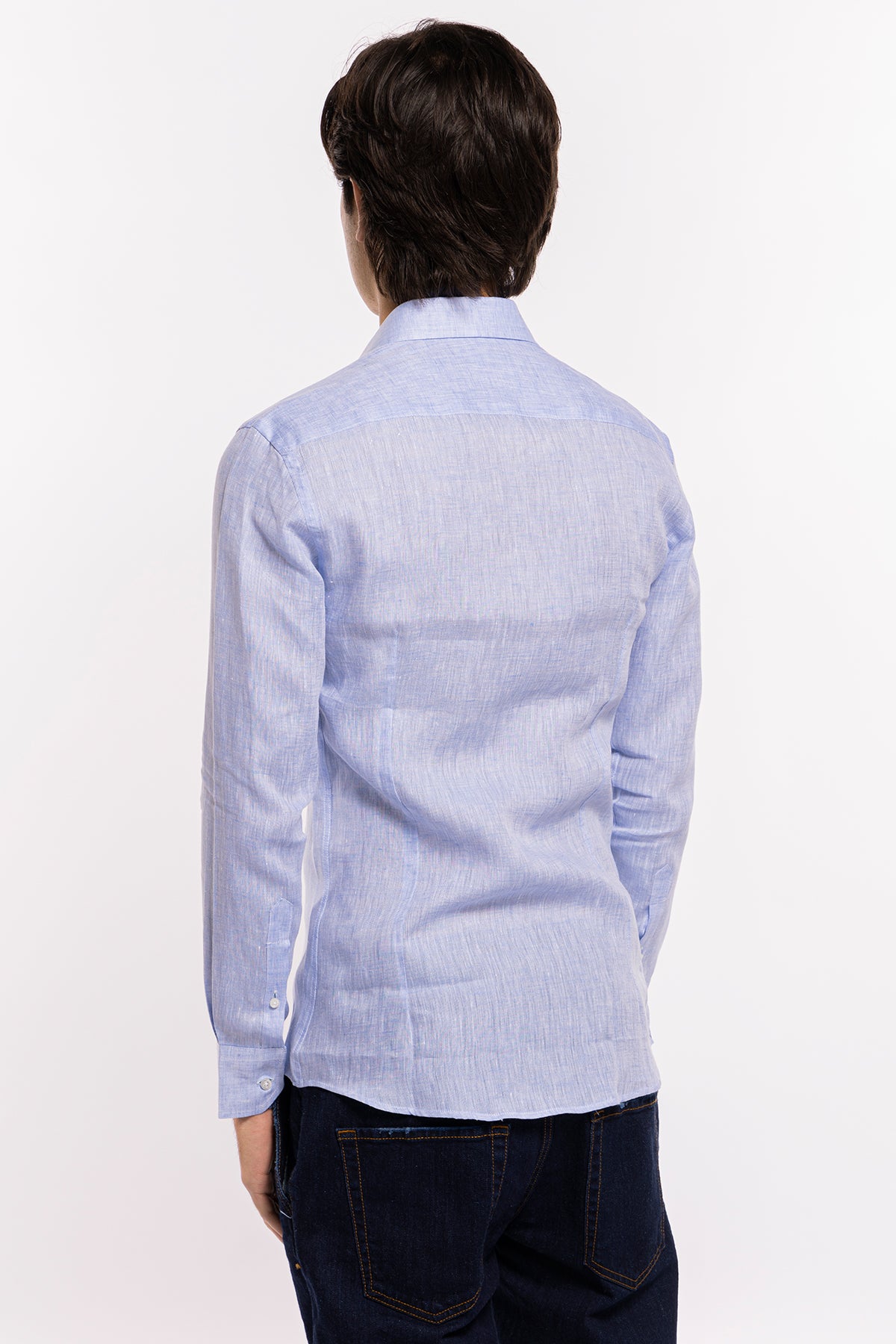 Camicia Uomo Celeste in Lino 100% made in italy collo semi francese morbido slim fit effetto melange