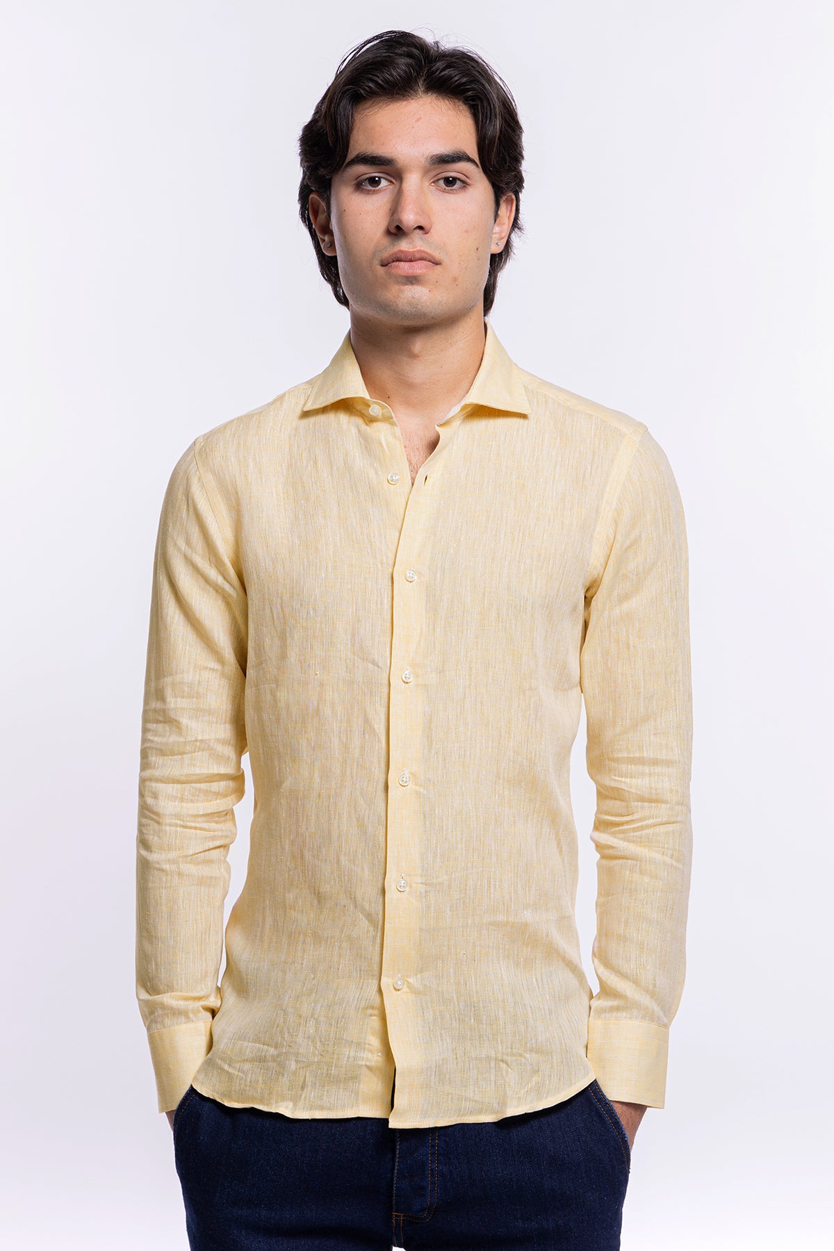 Camicia Uomo gialla in Lino 100% made in italy collo semi francese morbido slim fit effetto melange
