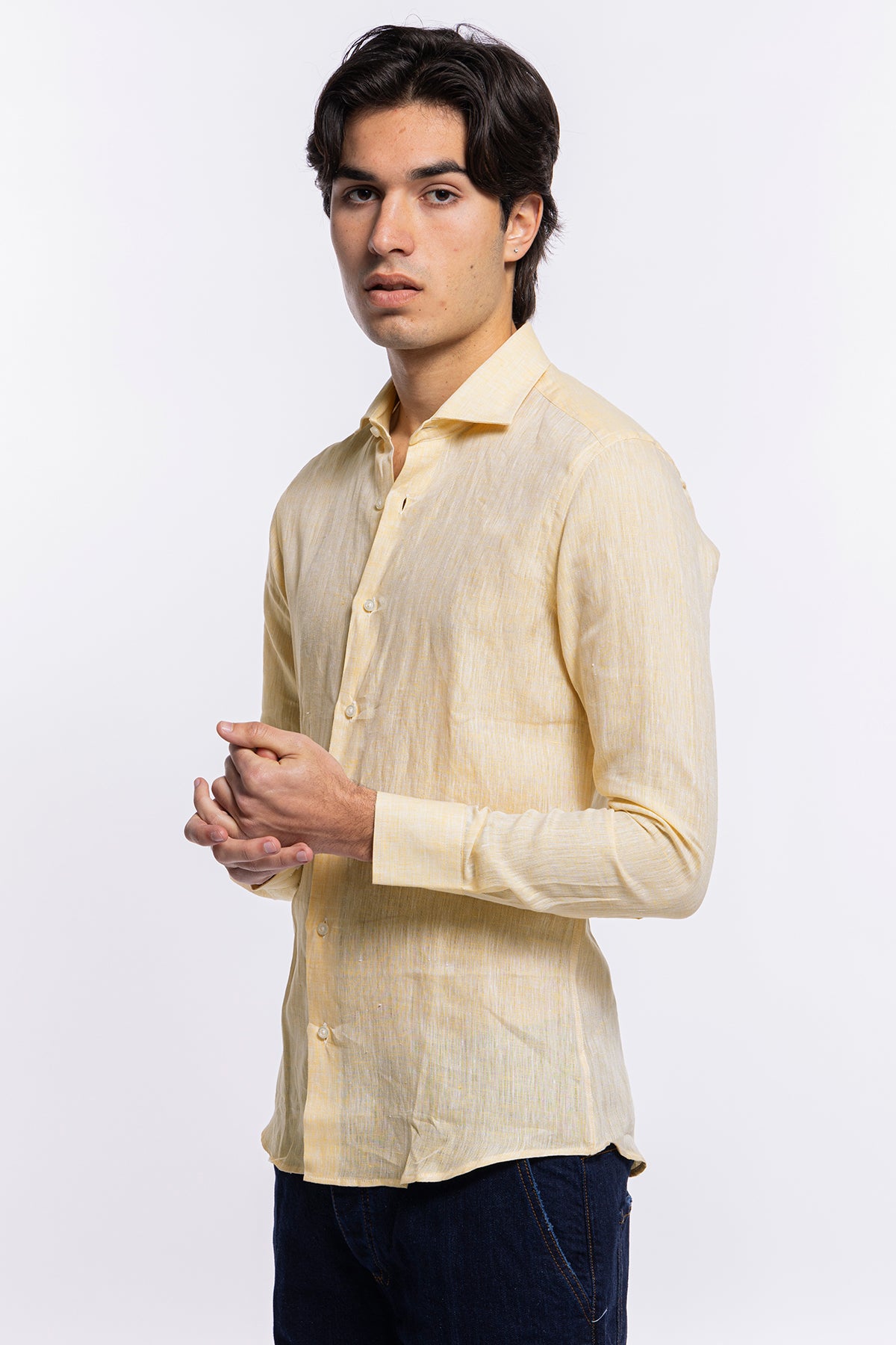 Camicia Uomo gialla in Lino 100% made in italy collo semi francese morbido slim fit effetto melange