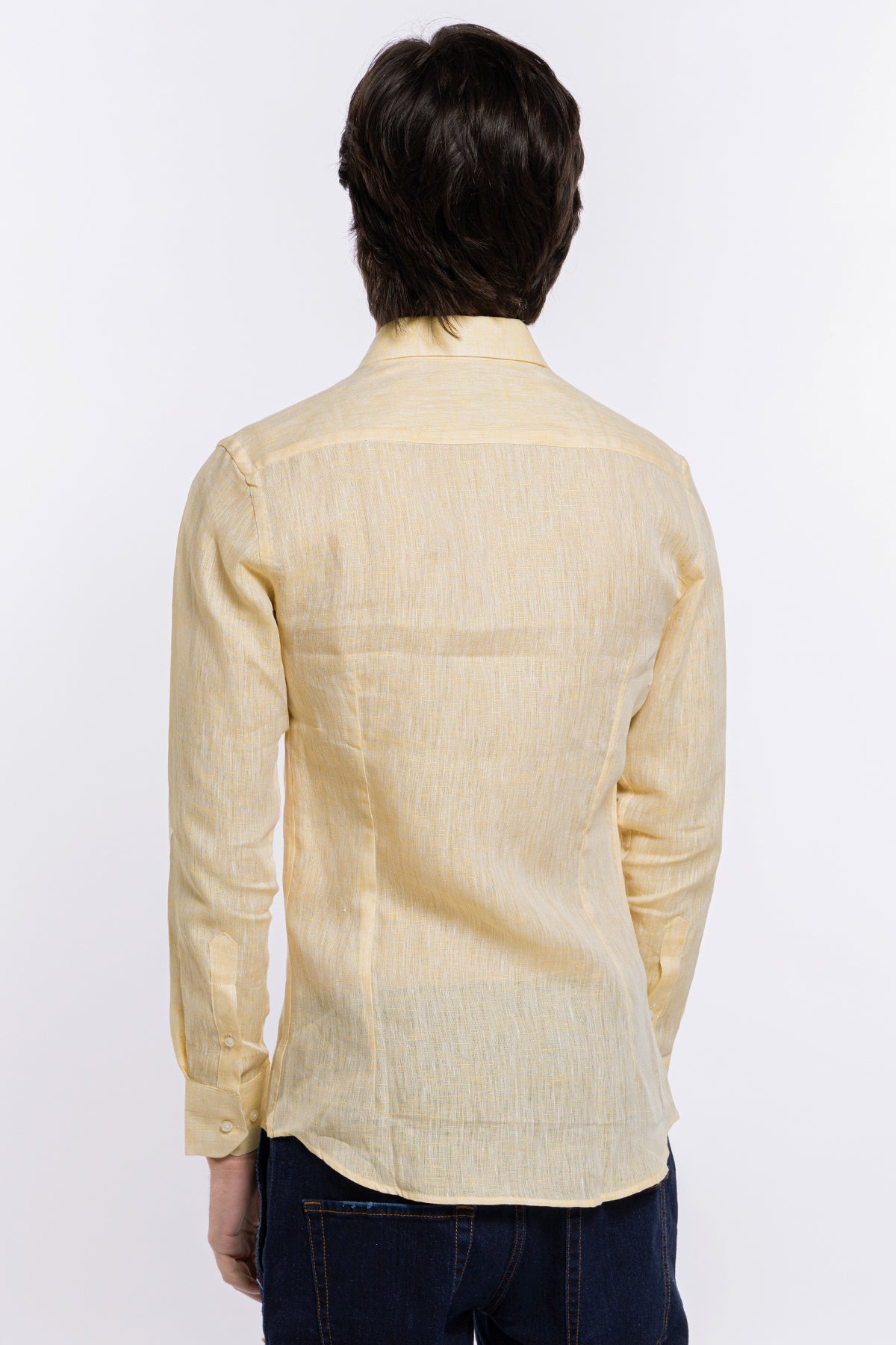 Camicia Uomo gialla in Lino 100% made in italy collo semi francese morbido slim fit effetto melange