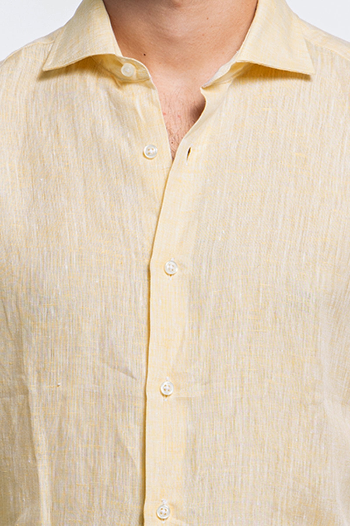 Camicia Uomo gialla in Lino 100% made in italy collo semi francese morbido slim fit effetto melange