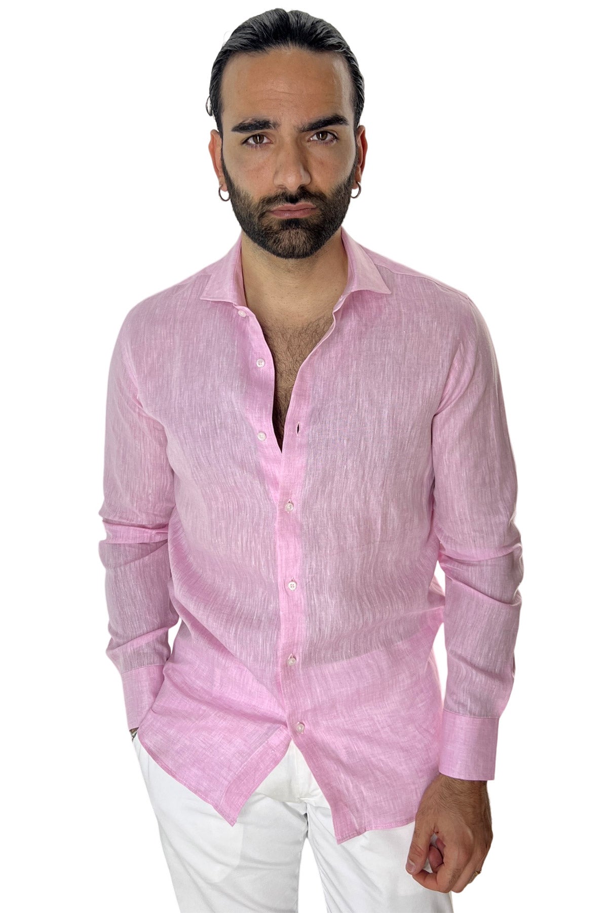 Camicia Uomo Rosa in Lino 100% made in italy collo semi francese morbido regular fit effetto melange