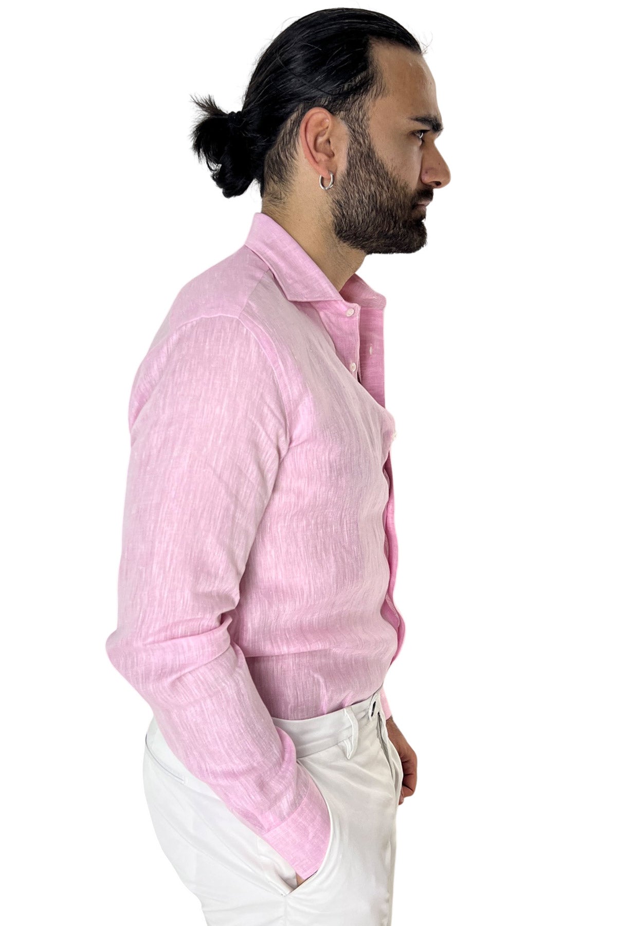 Camicia Uomo Rosa in Lino 100% made in italy collo semi francese morbido regular fit effetto melange