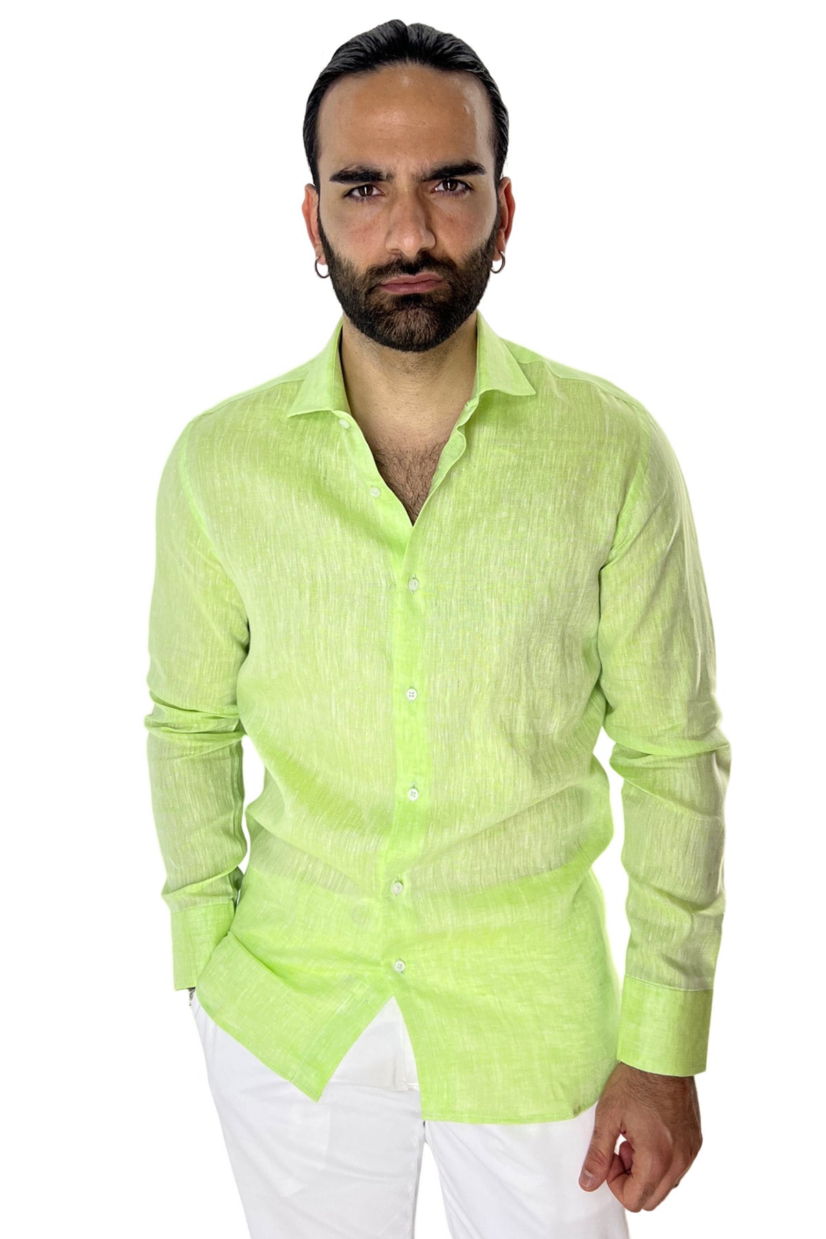 Camicia Uomo verde mela in Lino 100% made in italy collo semi francese morbido regular fit effetto melange