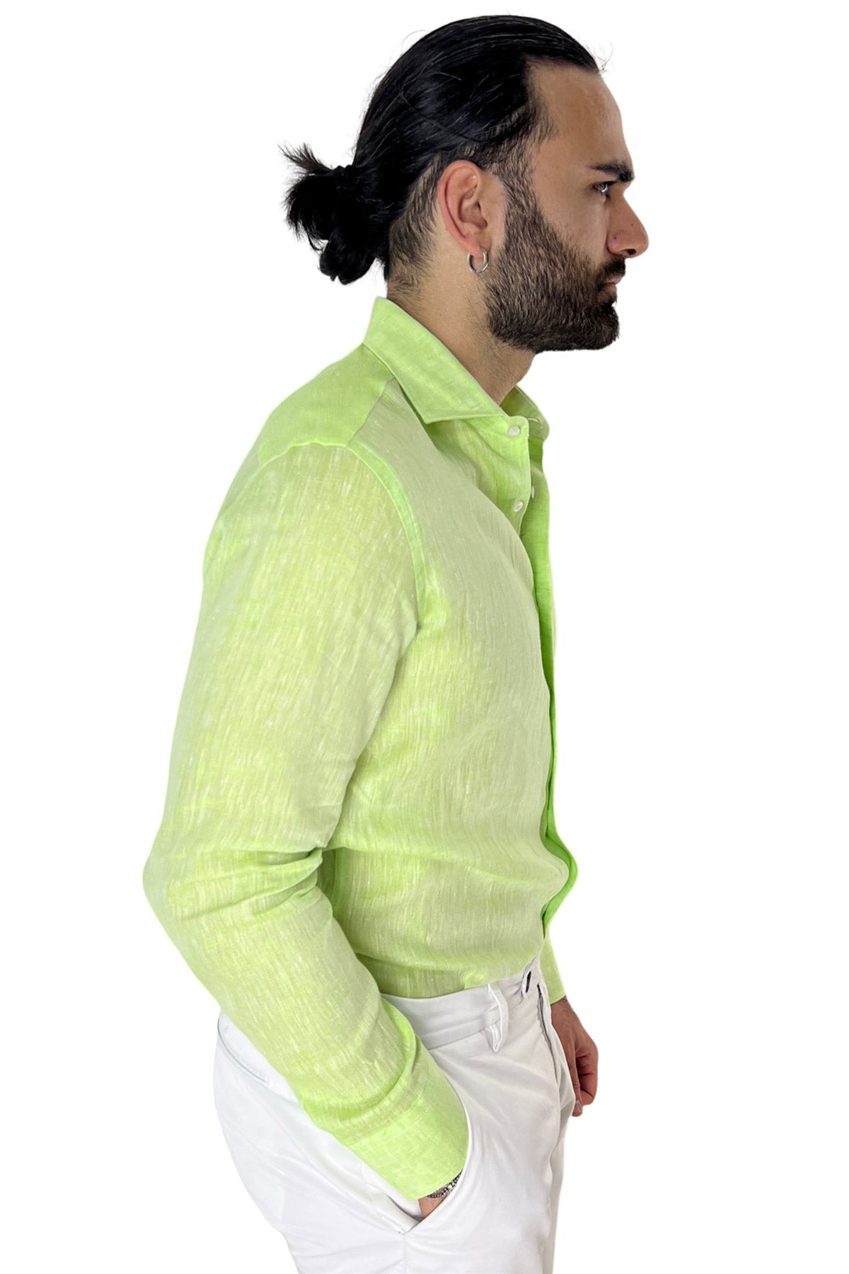 Camicia Uomo verde mela in Lino 100% made in italy collo semi francese morbido regular fit effetto melange
