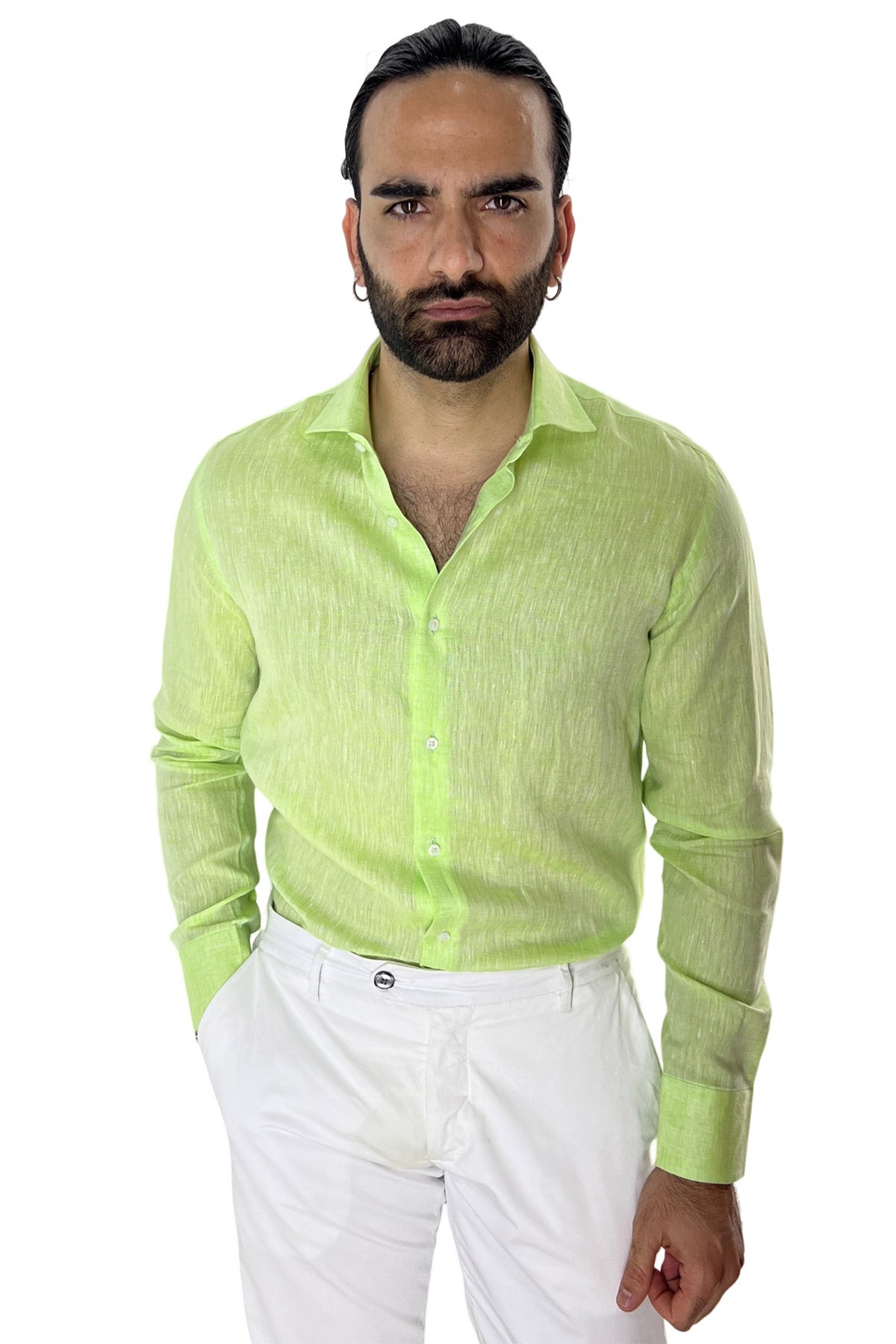 Camicia Uomo verde mela in Lino 100% made in italy collo semi francese morbido regular fit effetto melange