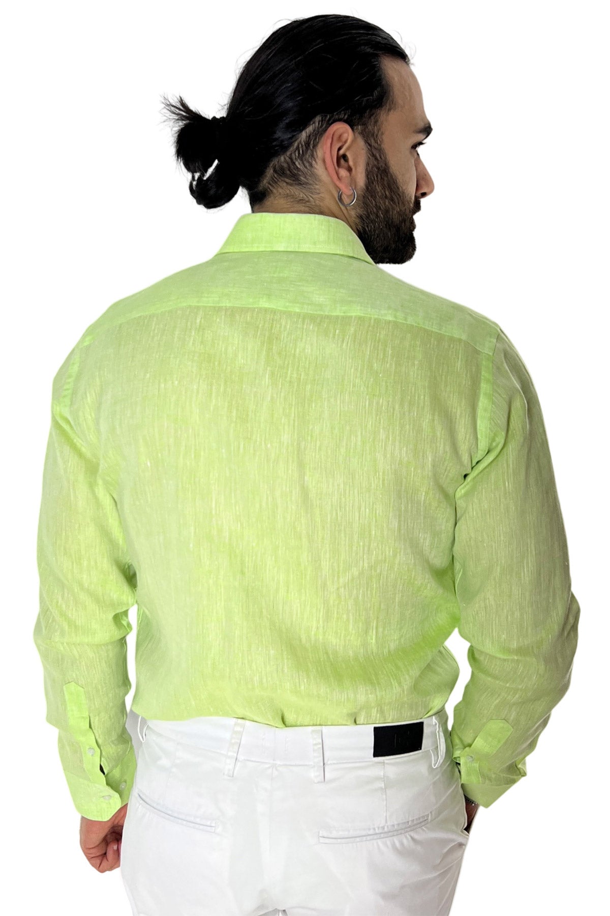 Camicia Uomo verde mela in Lino 100% made in italy collo semi francese morbido regular fit effetto melange