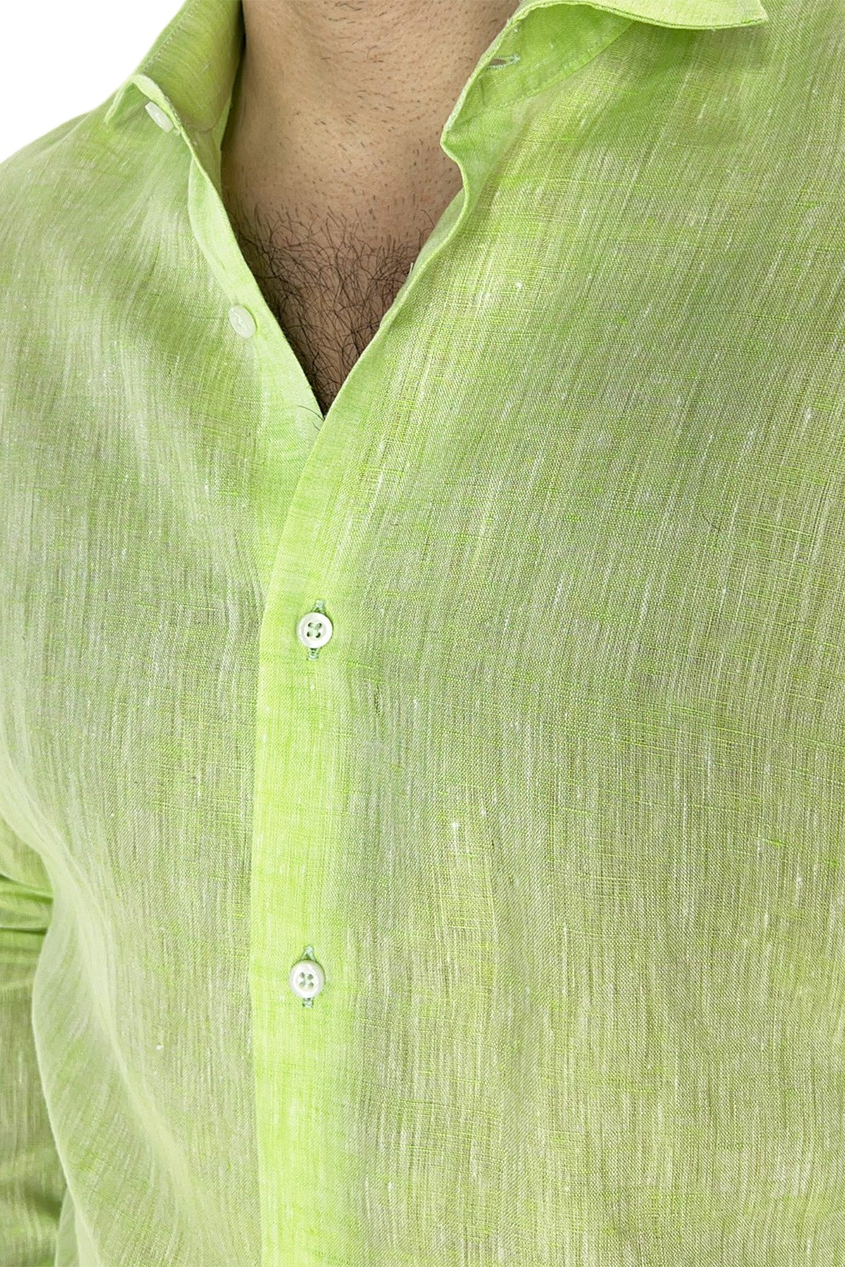 Camicia Uomo verde mela in Lino 100% made in italy collo semi francese morbido regular fit effetto melange