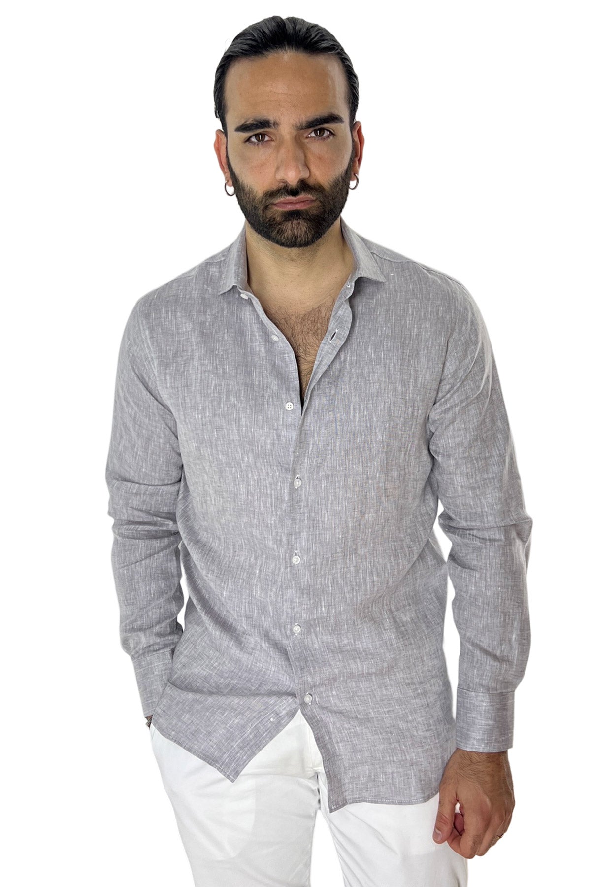 Camicia Uomo grigio chiaro in Lino 100% made in italy collo semi francese morbido regular fit effetto melange