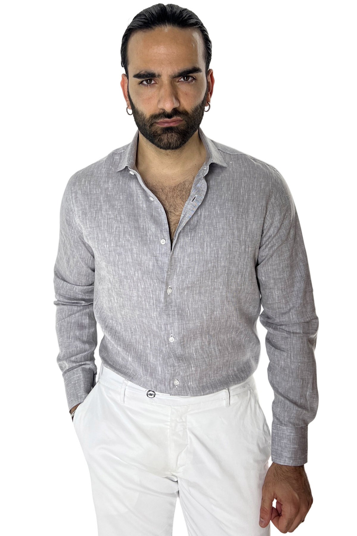 Camicia Uomo grigio chiaro in Lino 100% made in italy collo semi francese morbido regular fit effetto melange