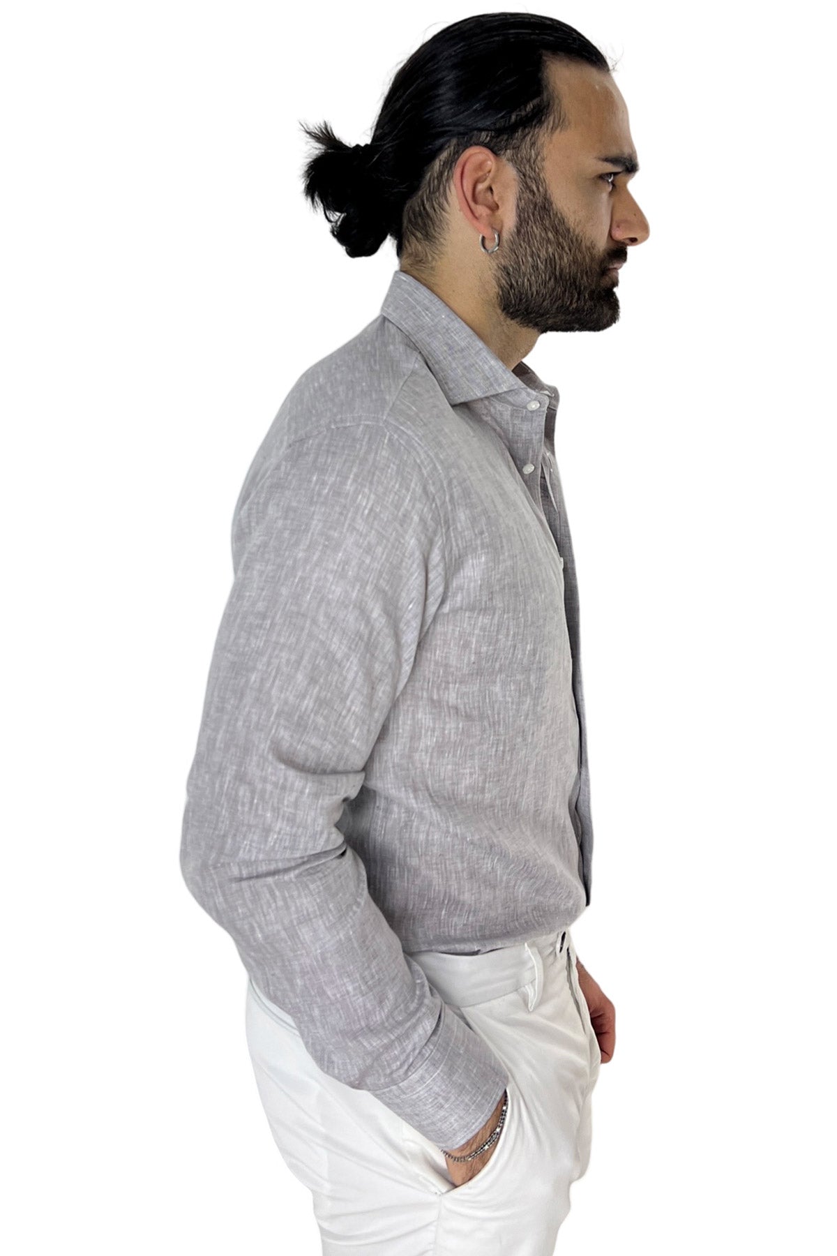 Camicia Uomo grigio chiaro in Lino 100% made in italy collo semi francese morbido regular fit effetto melange